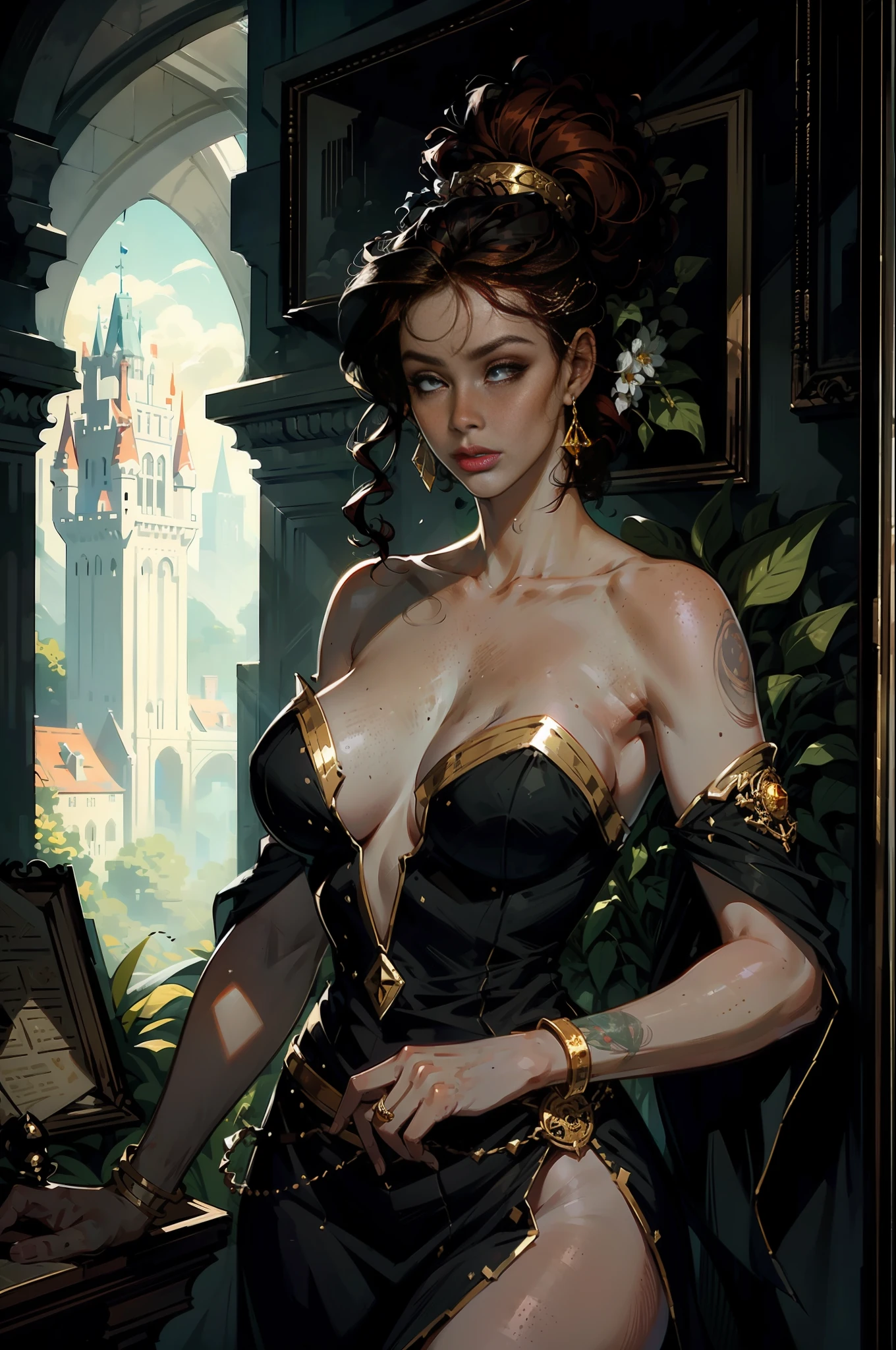 (masterpiece, best_quality, ultra-detailed, immaculate:1.3), epic, illustration, welcoming, 1girl, witch, dark red hair, Tapered Cut, casting spell, in an overgrown classroom, in a  castle, bombshell hair, swept bangs, High Ponytail, goddess, gold, freckles, pale skin, casting a spell from her chest