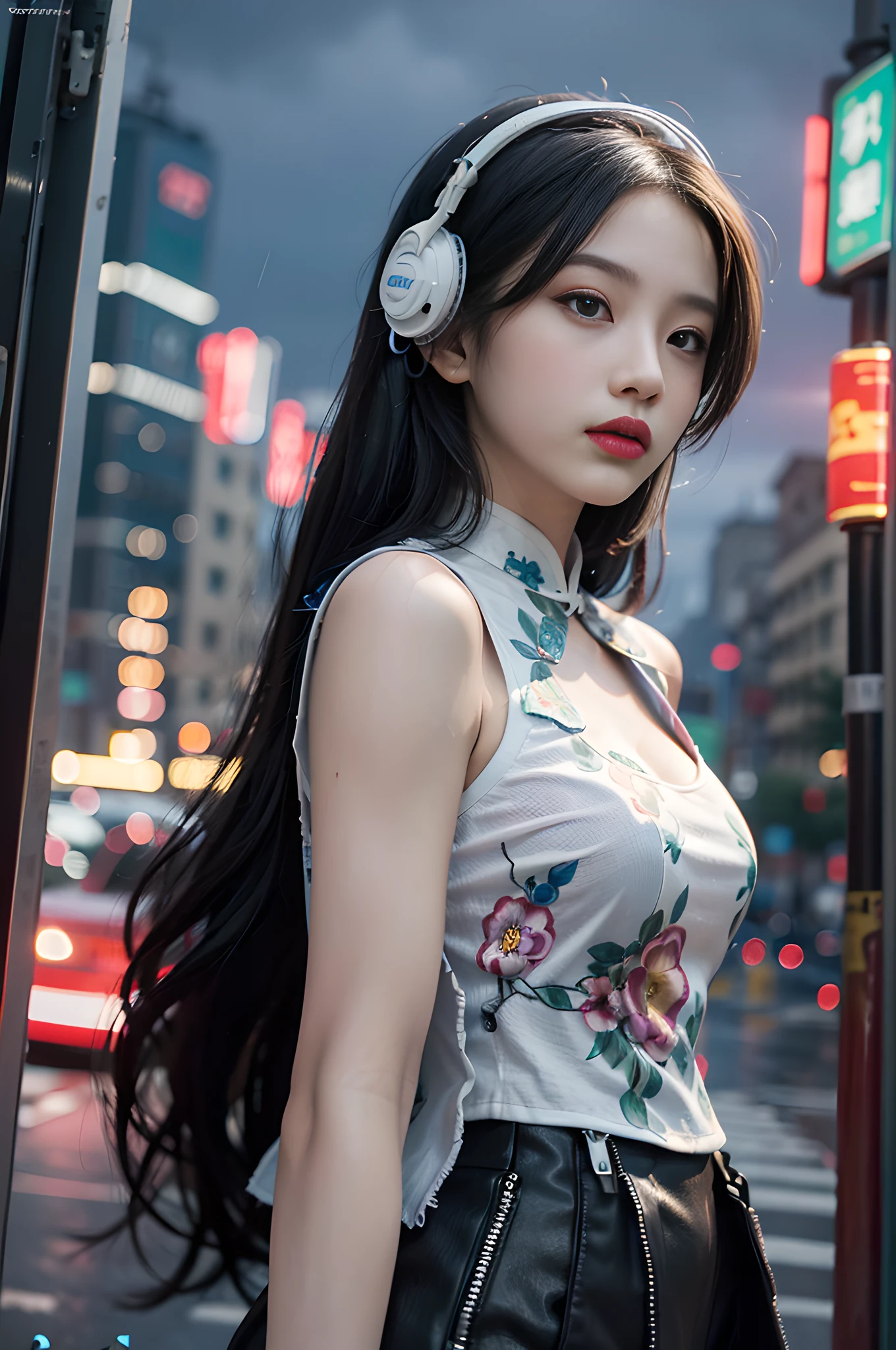 ((best quality)), ((masterpiece)), (detailed), realistic, surreal, surreal, masterpiece, 8k, official art, absurd, high resolution, high quality, ultra-detailed, beauty and aesthetics, futurism, technology, city, night, rain, (1 girl:1.5), cyberpunk, chinese clothing, cheongsam, mechanical parts,