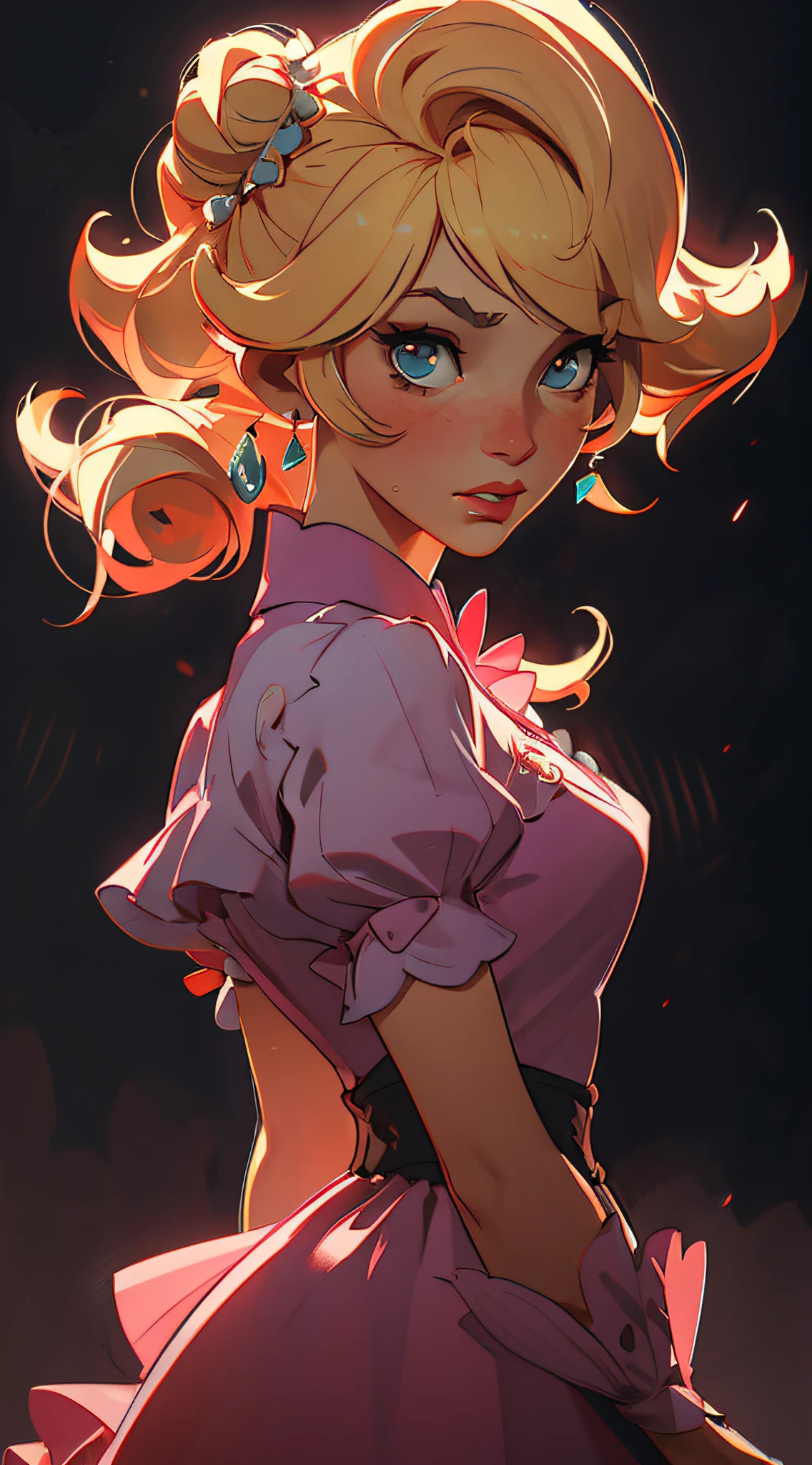 Princess Peach wearing a pink dress with her blonde hair up in a messy bun; 1960s painting by Robert McGinnis, pulpy, vivid colors, detailed mysterious background, intricate design, UHD, cinematic lighting, focused, dramatic, shadows, character design, sharp focus, dramatic lighting, cinematic, high resolution, concept art, dynamic lighting, high definition, volumetric lighting, triadic colors