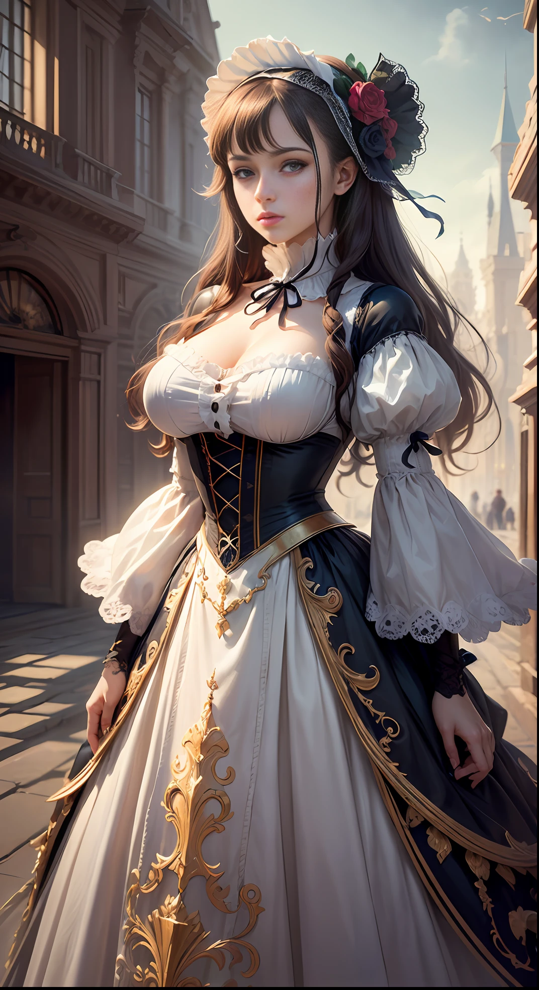 (Pure Color: 0.9), (Color: 1.1), (Masterpiece: 1,2), Best Quality, Masterpiece, High Resolution, Original, Highly Detailed Wallpaper, Beauty, Beauty, Victorian, Dress, Melancholy, Big Breasts, --auto --s2