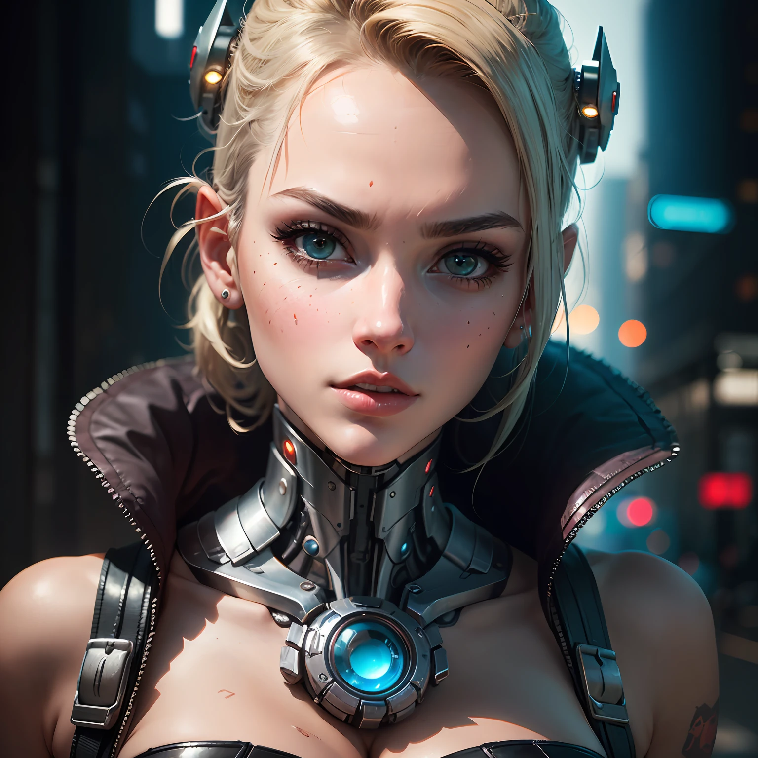 a close up of a person with a metal head piece, cybernetic machine female face, cyborg - girl, detailed portrait of a cyborg, portrait of a cyborg, perfect cyborg female, cyborg girl, cyborg woman, beautiful cyberpunk girl face, portrait of a cyborg queen, portrait of a cyberpunk cyborg, beutiful girl cyborg, cyborg fashion model, cyberpunk face --auto
