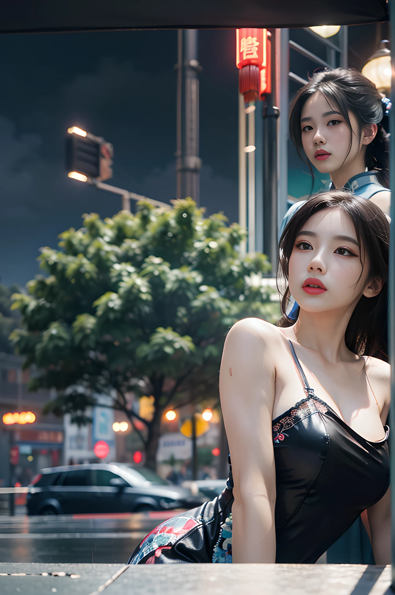 ((best quality)), ((masterpiece)), (detailed), realistic, surreal, surreal, masterpiece, 8k, official art, absurd, high resolution, high quality, ultra-detailed, beauty and aesthetics, futurism, technology, city, night, rain, (1 girl:1.5), cyberpunk, chinese clothing, cheongsam, mechanical parts,