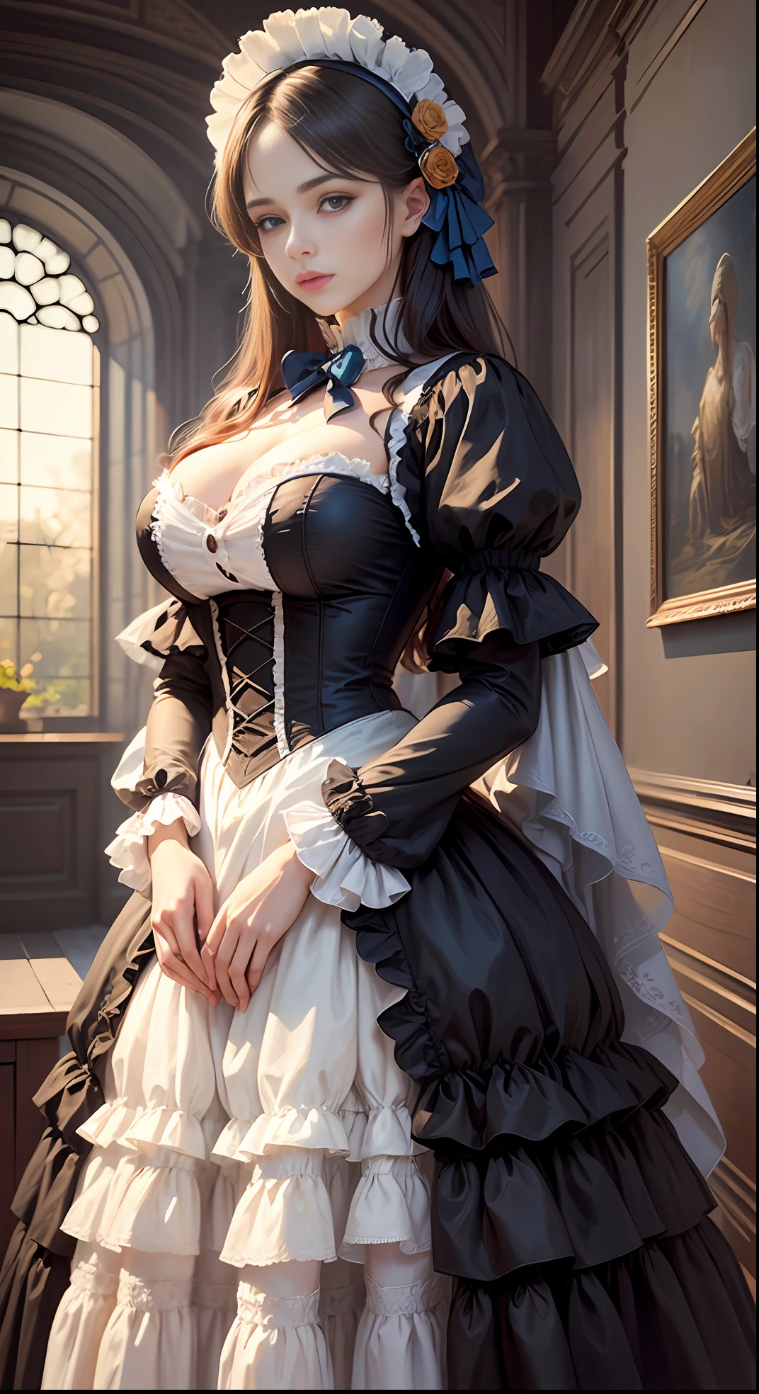 (Pure Color: 0.9), (Color: 1.1), (Masterpiece: 1,2), Best Quality, Masterpiece, High Resolution, Original, Highly Detailed Wallpaper, Beauty, Beauty, Victorian, Dress, Melancholy, Big Breasts, --auto --s2
