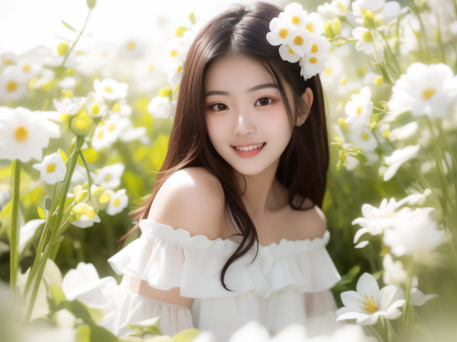 araffe woman in white dress sitting in a field of white flowers, beautiful asian girl, chinese girl, girl in flowers, beautiful young korean woman, with flowers, girl frontal in a flower field, young asian girl, young cute wan asian face, gorgeous young korean woman, beautiful south korean woman, beautiful portrait image, cute young woman, beautiful asian woman, innocent smile
