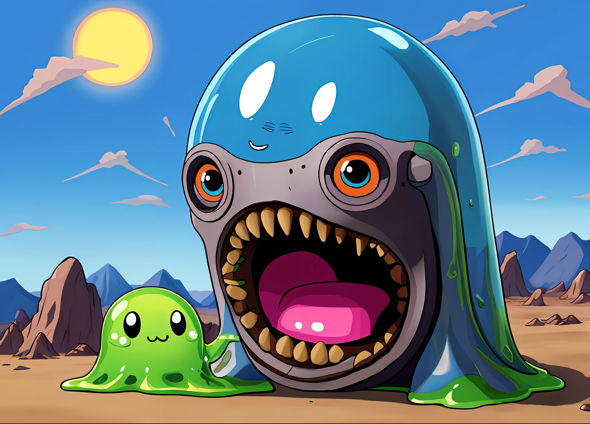 kawaii slime in an alien landscape by HR Giger