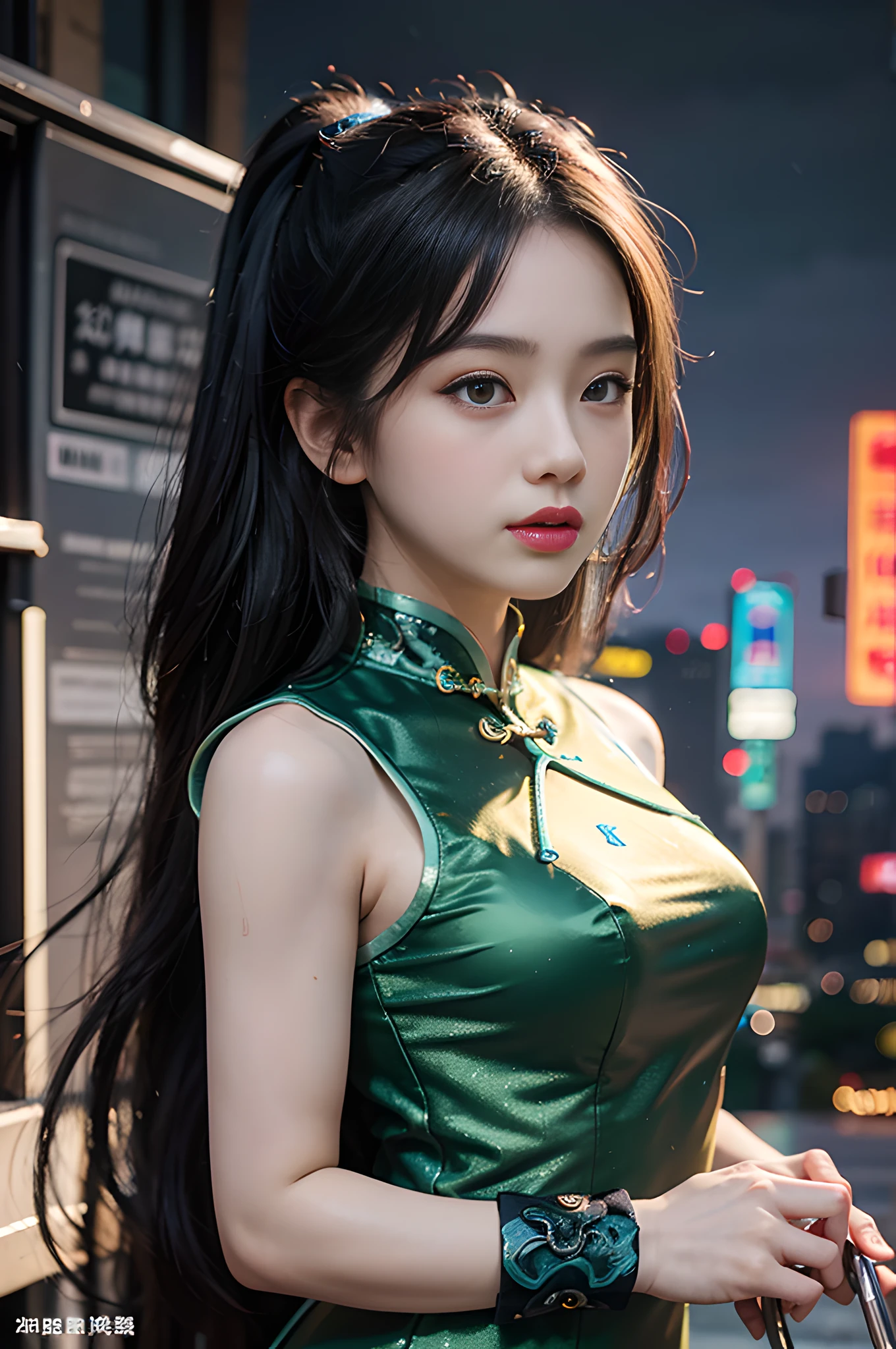 ((best quality)), ((masterpiece)), (detailed), realistic, surreal, surreal, masterpiece, 8k, official art, absurd, high resolution, high quality, ultra-detailed, beauty and aesthetics, futurism, technology, city, night, rain, (1 girl:1.5), cyberpunk, chinese clothing, cheongsam, mechanical parts,