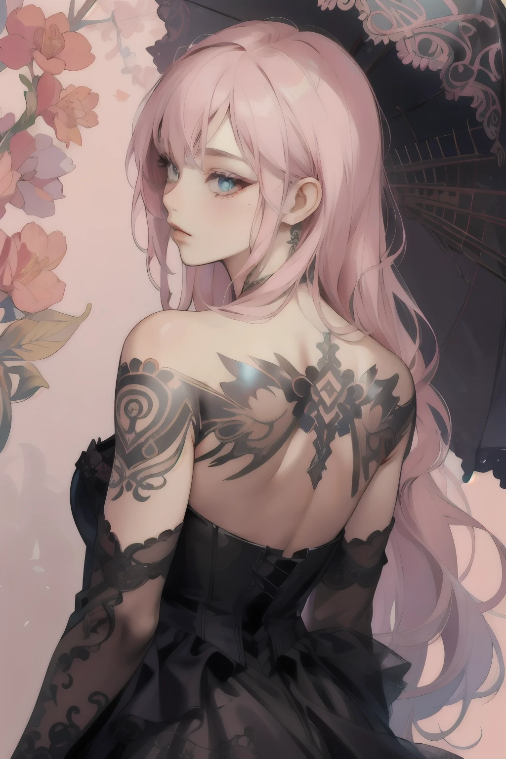 complex details beautiful and delicate eyes, PastelGothAI dress, PastelGothAI background, off-the-shoulder, tattoo, irezumi, Ultra-realistic 8K CG, masterpiece, ((ultra-detailed background, delicate pattern, intricate details)), best quality, intricate details, 1girl, solo, long hair, messy hair, from behind