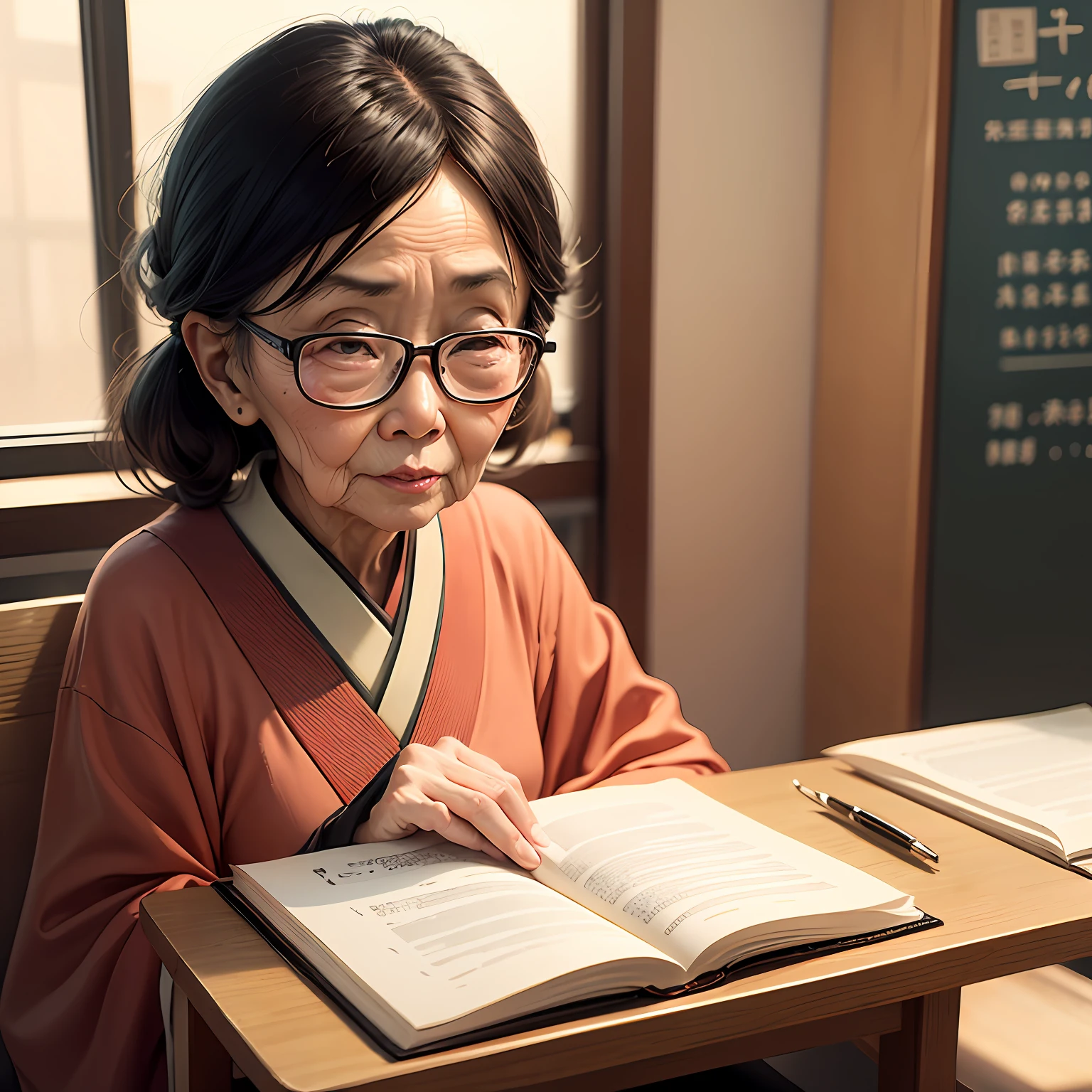 IMAGINE AN 80-YEAR-OLD JAPANESE TEACHER IN GLASSES, CARTOON STYLE --auto