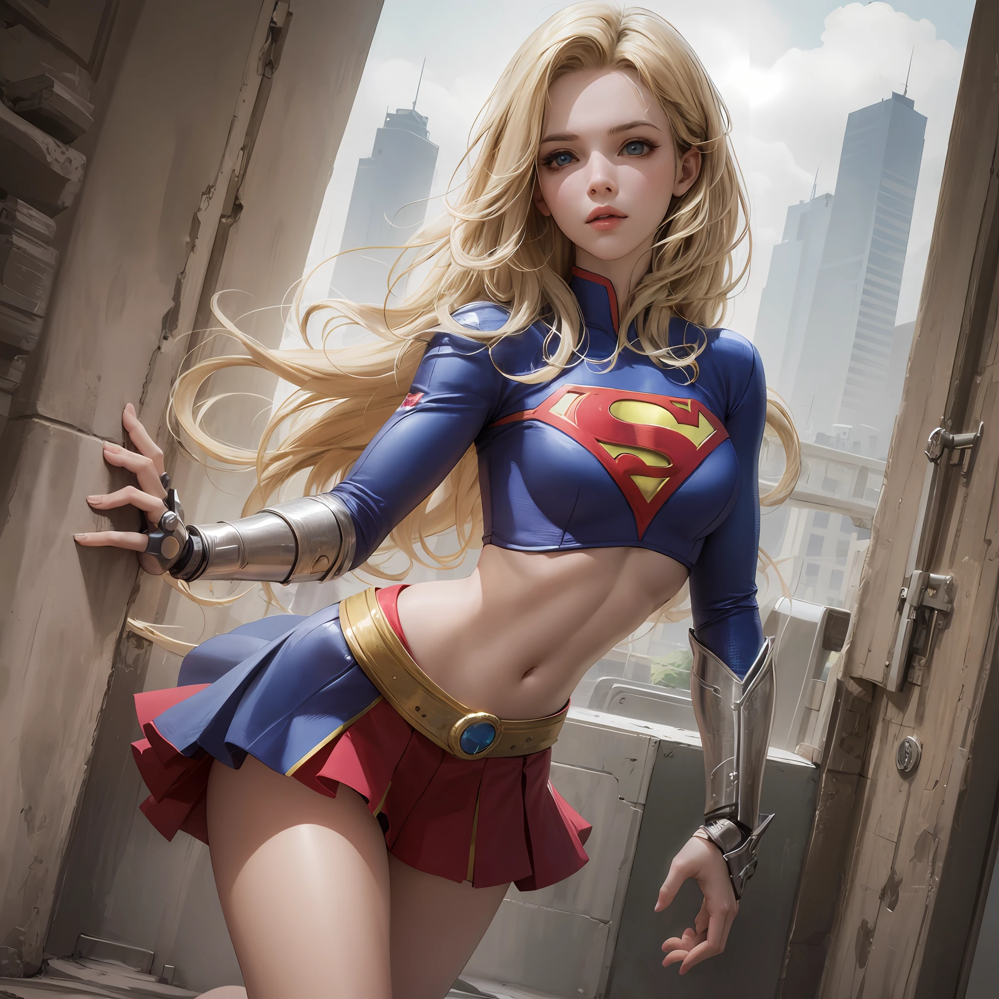 (8k, Supergirl's masterpiece best quality), ultra detail, beautiful thin blue eyes with beautiful details, exquisite face detailed, high quality, high resolution, beautiful hairstyle, realistic eyes, beautiful blue eyes detailed, blonde with long hair (realistic skin), facing the audience, girl wearing sexy low-cut costume, with superman letter S, medium breasts, short skirt, lock,  ruins, unique, empty eyes, expressionless, blonde hair, short, mechanical prosthetics, thick legs, sexy, unreal 5, Full-shot Angle, sexy. --auto --s2