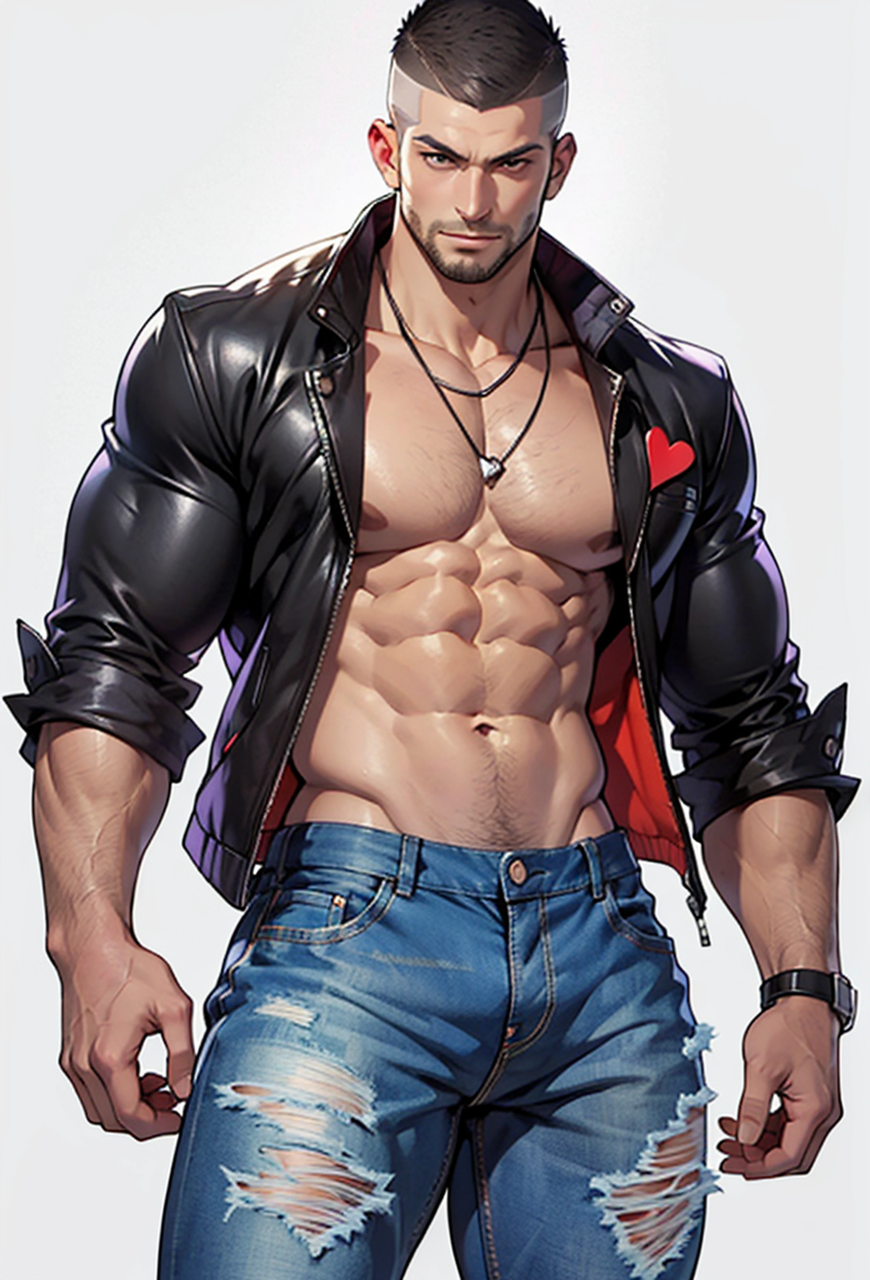 full-length, 1college boy, shirtless, wearing ripped jeans pants, looking at the camera, anime style, with crew cut haircut, holding a heart-shaped crystal, highly detailed, 2d illustration, done in photoshop, vibrant colors, composite lighting, nice and perfect face, stubble, handsome, (white background:1.5), (blank background:1.5), masculine shapes, manly, dynamic pose, dynamic angle, sharp and crisp image