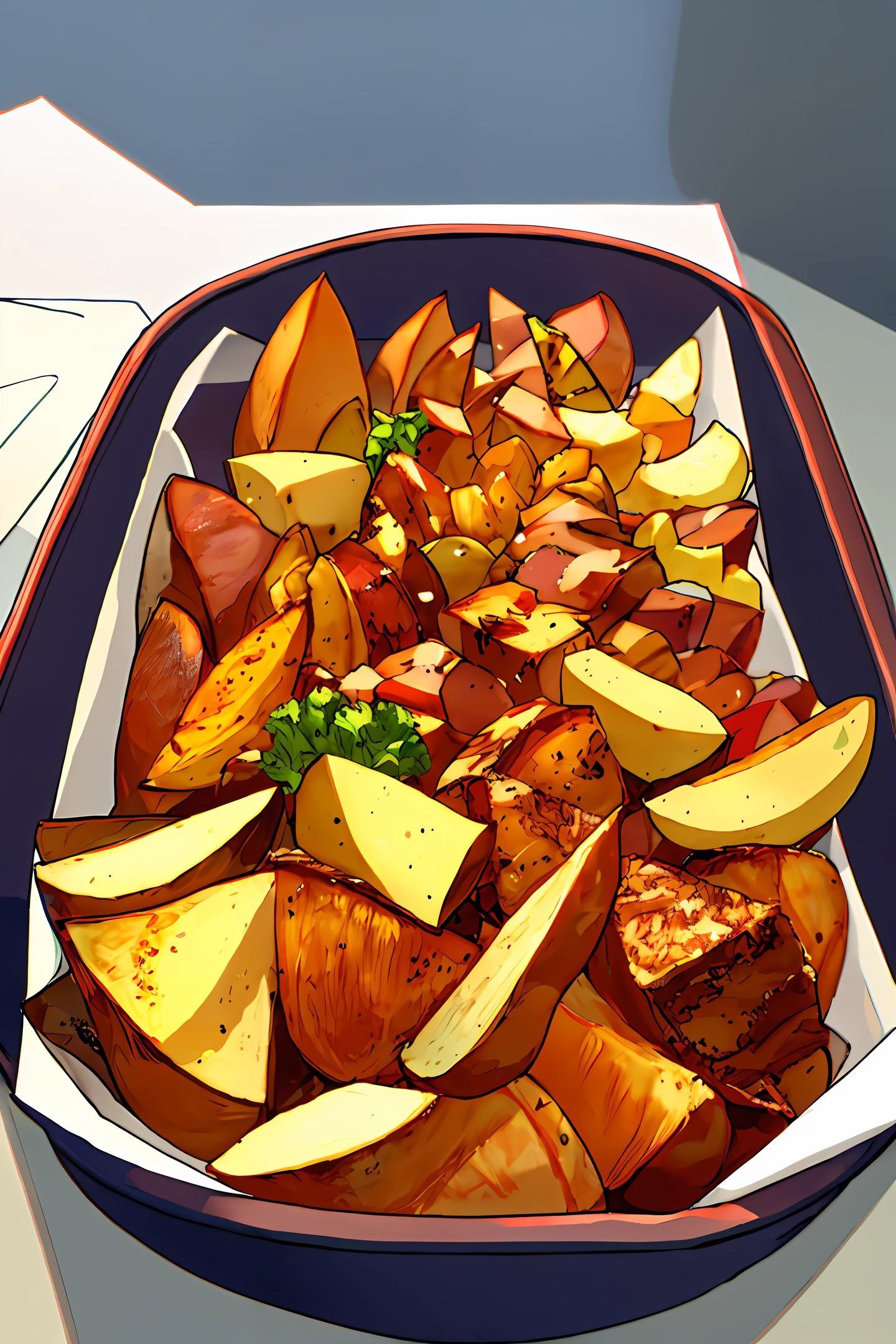 A potato wedge in a paper container on the table, with a basket of cheese on it
Beans, inspired by Pia Fries, shutter, Renaissance, best potato horns, potato wedges on the side, potato wedges, potato wedges, potato wedges, potato wedges, crisp details, crisp lines, crisp lines, crisp lines, crisp crisp, California; , crisp, hand-drawn