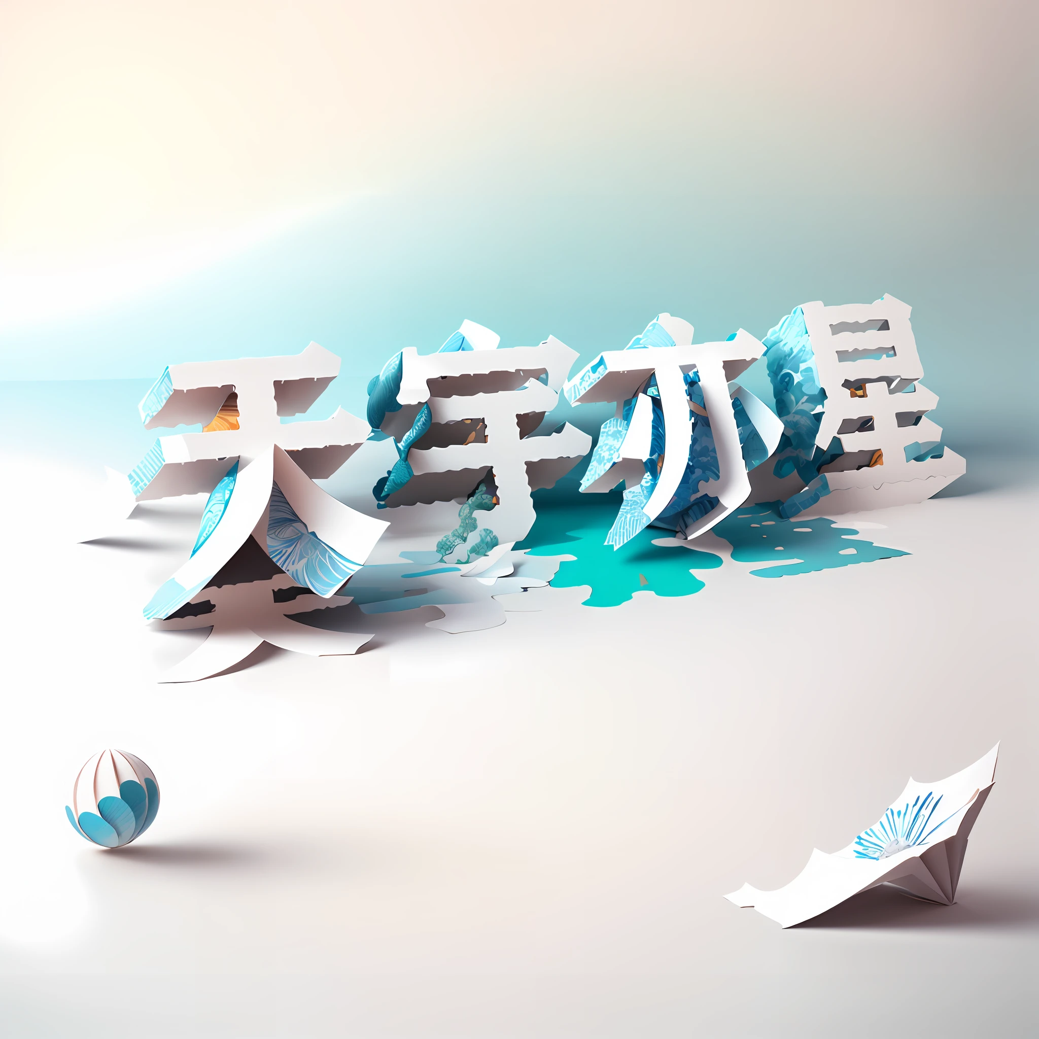 Traditional Chinese landscape painting, paper creation, 3D stereoscopic rendering, color gradient from white to light blue, 4K resolution, simple and natural composition, :white background, fresh and vulgar style. (:nature:)
