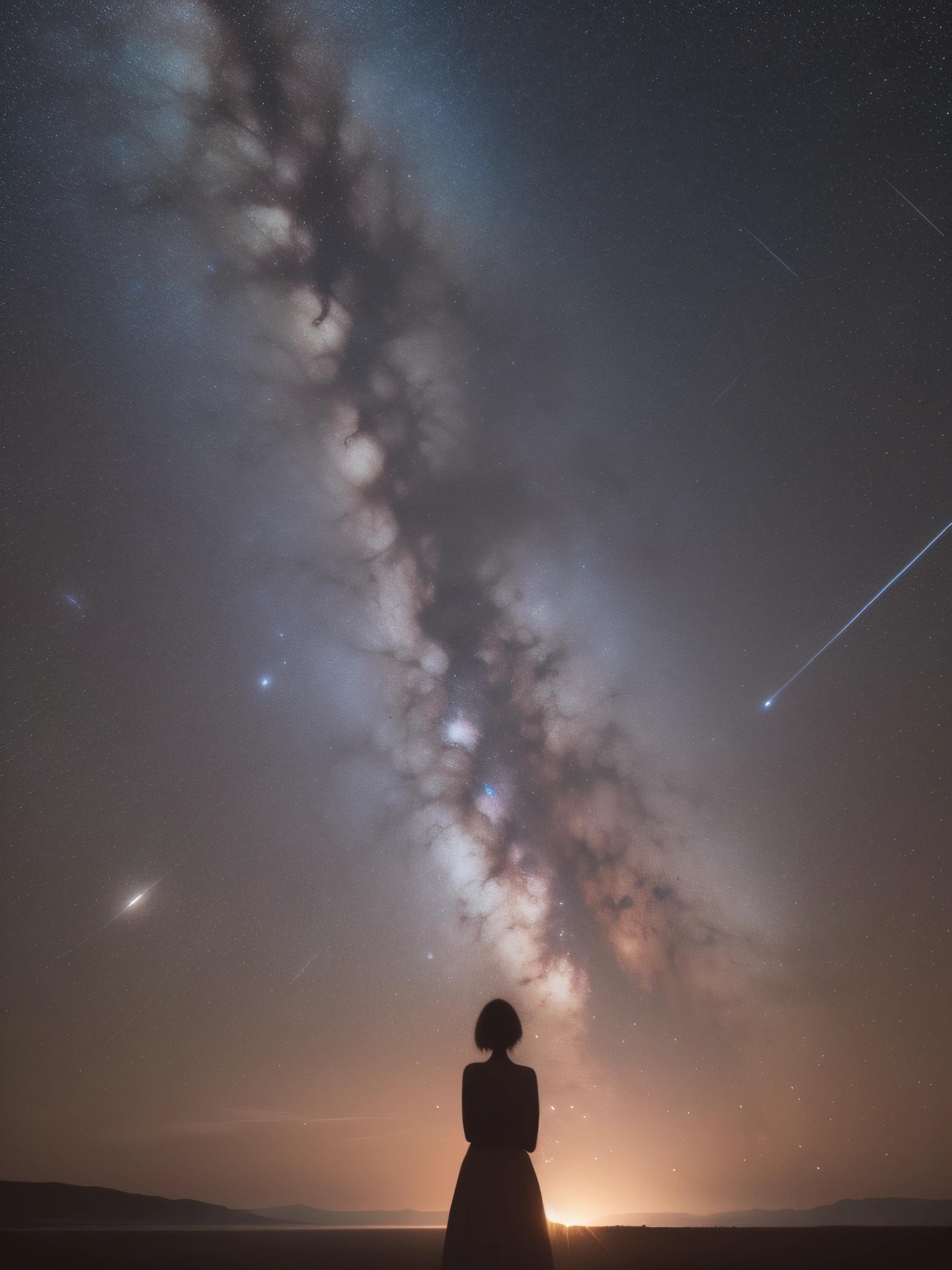 In the vast night sky, countless stars twinkle, illuminating the darkness like a celestial diamond. The Milky Way stretches across the heavens and is a river of light that guides the imagination. A small silhouette of a woman looking up at the sky below. In this amazing sight, shooting stars stripe across the sky, leaving a trail of brilliance. The combination of starry sky, shooting stars, and seamless union of sea and sky evokes deep serenity and awe. It is a moment when time stops and invites contemplation to connect with the vastness of the universe.