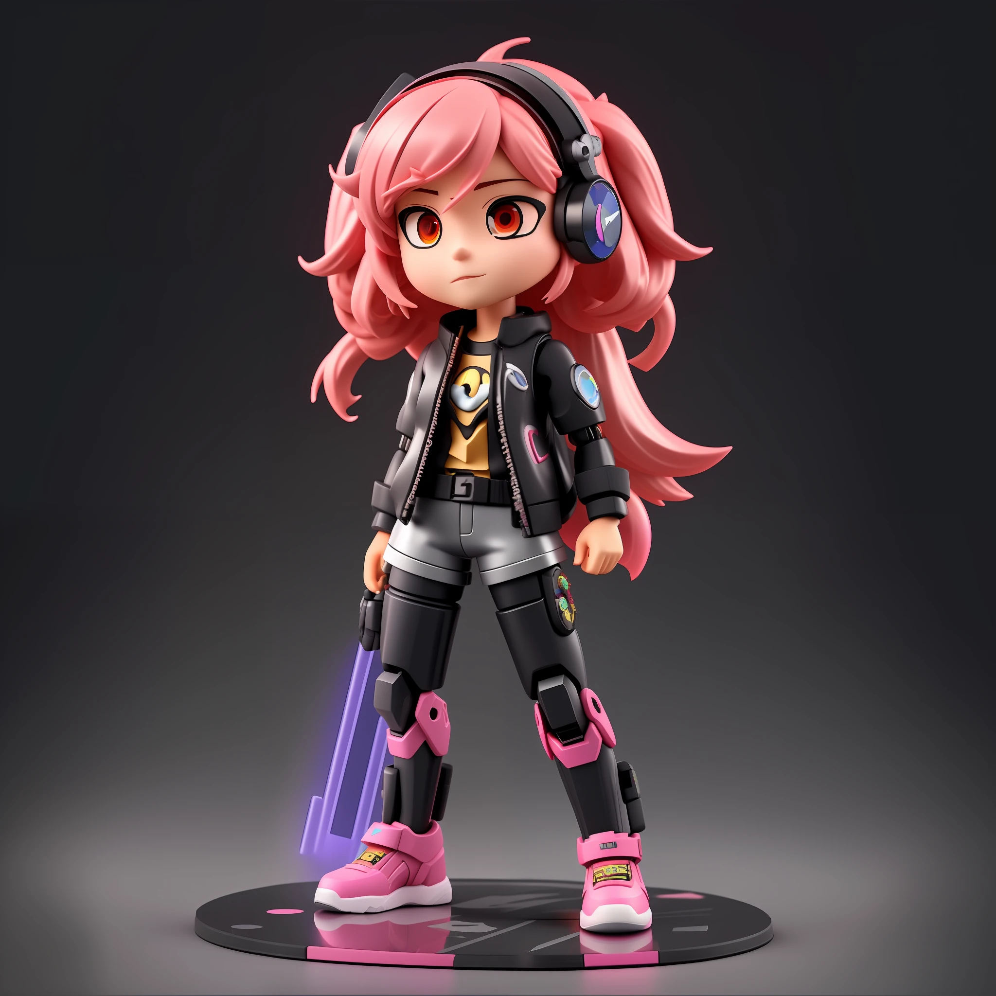 mechanical cyborg, chibi girl, resin mockuP, complex details, looking at the viewer, bored pose, full body, black background, super elegant, with pink hair, bored face, robotic arms, holding black mecha weapons, wearing black bulletproof jacket, and black red nike functional shoes, light neon lines on shorts and jacket shoes, fine shine, clay material, popmart style, cyberpunk, IP by PopMart, Mockup Blind Box, Studio Light, Front View, 3D rendering, C4D, Octane Render, Blender, Hyper Quality, Ultra HD, Ultra High Detail, 8K,