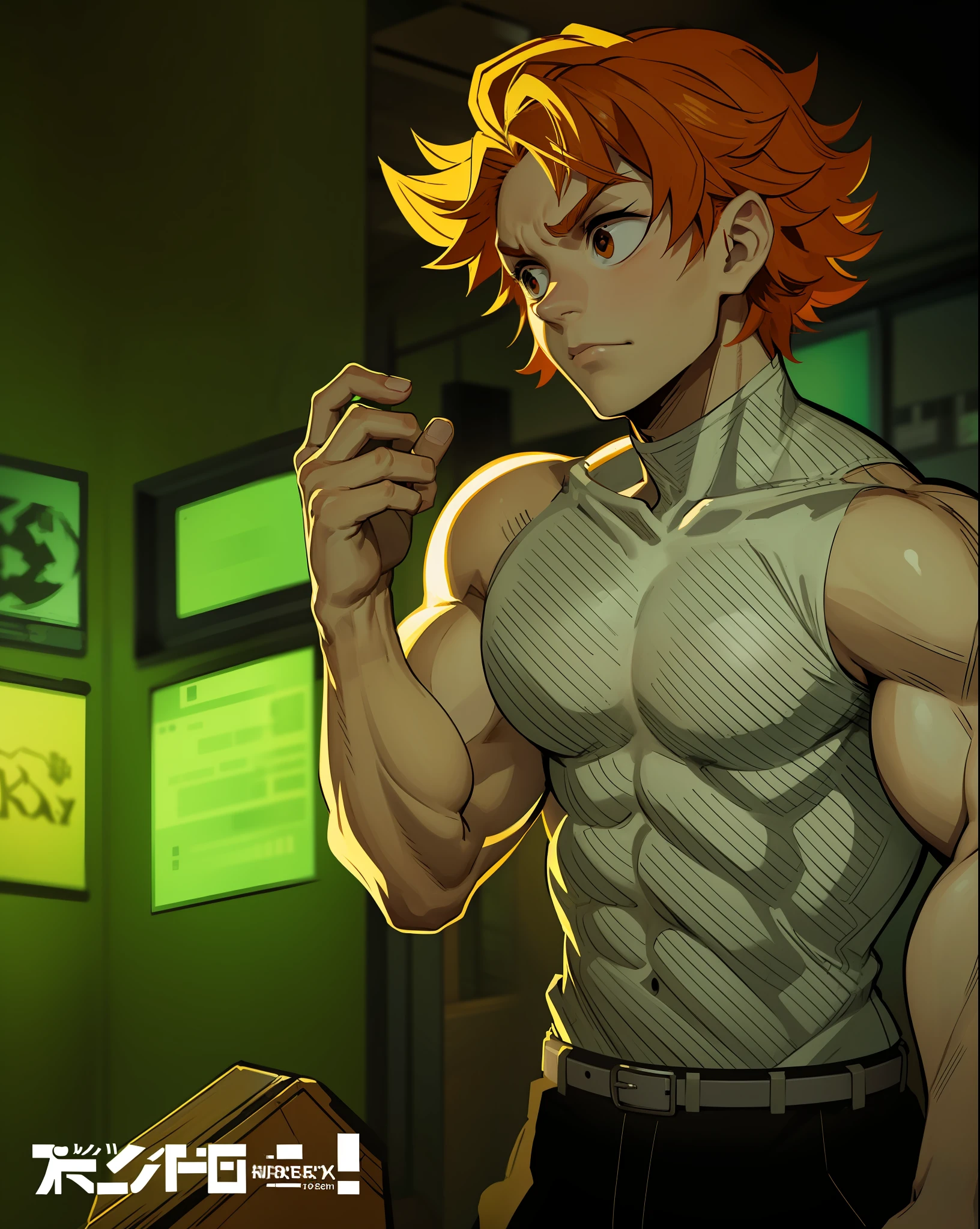 Muscles,seriously,curly hair,orange hair, handsome man.