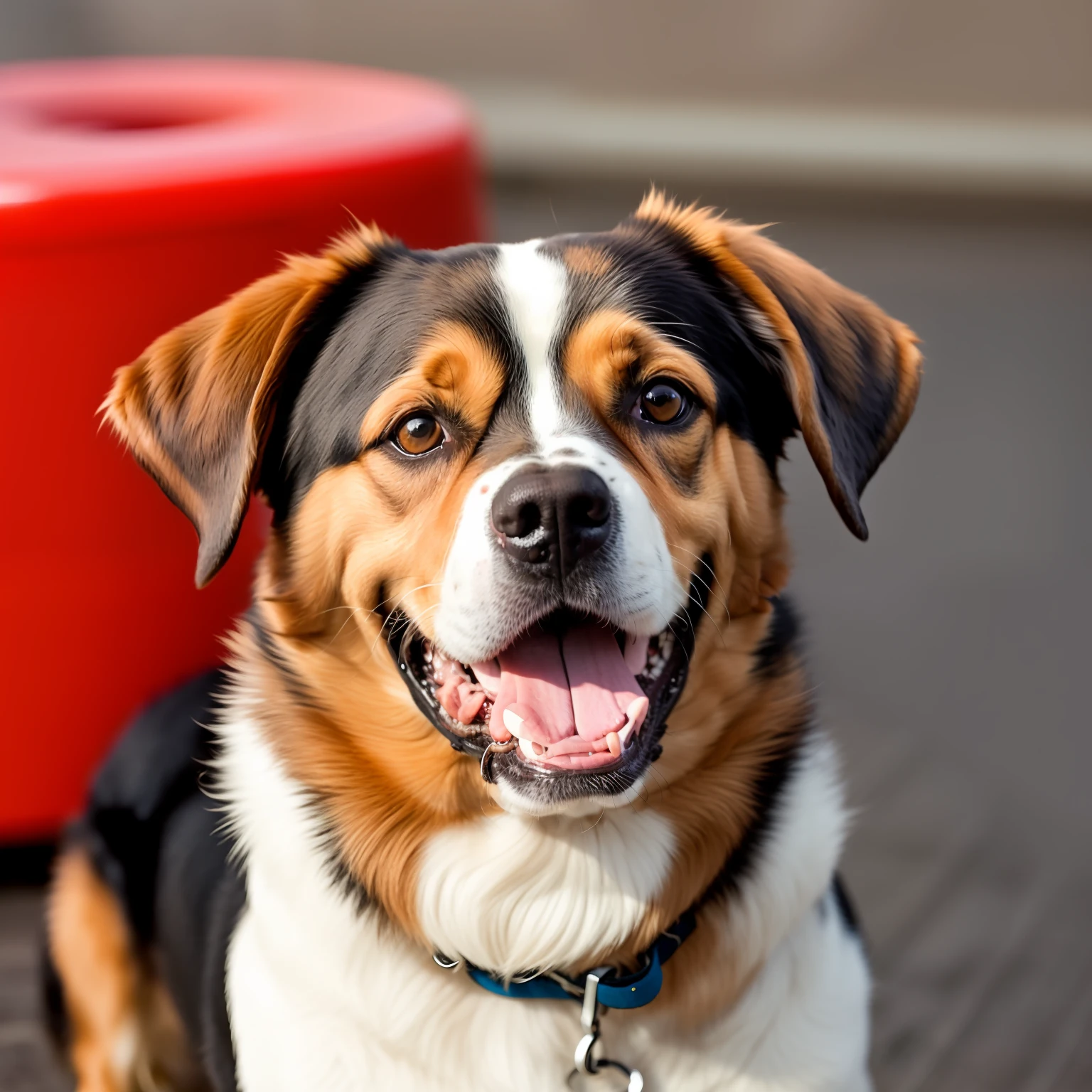 Create an image, of a happy dog, looking at the viewer