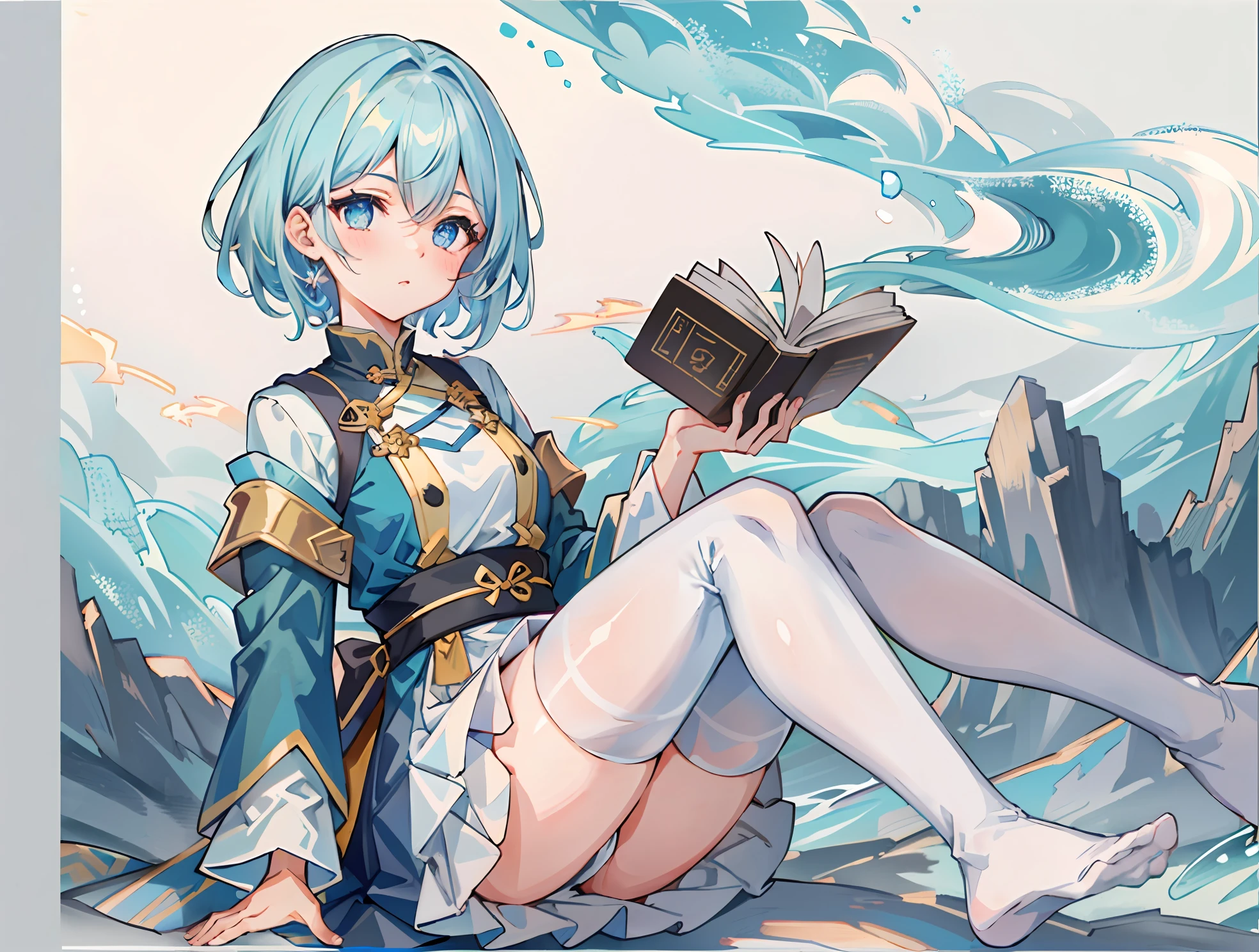 Ultra HD 2D art, close-up (1girl), light blue hair, 2D animation style, soft and delicate depiction, (full body art), landscape mode, masterpiece by Guweiz and James Jean, (full body), 一个文学少女, musket, 黑色金边的简约高贵的贵族学校制服, 短裙配纯白过膝袜显出绝对领域，白色过膝袜，天蓝色短发， short blue hair, glowing blue eyes, 简约的红色无上边框的眼镜，正在看一本书，气质清新优雅弱势，dashing, cold, beautiful, blowing_smoke, background is blue-black flowing smoke, ambilight