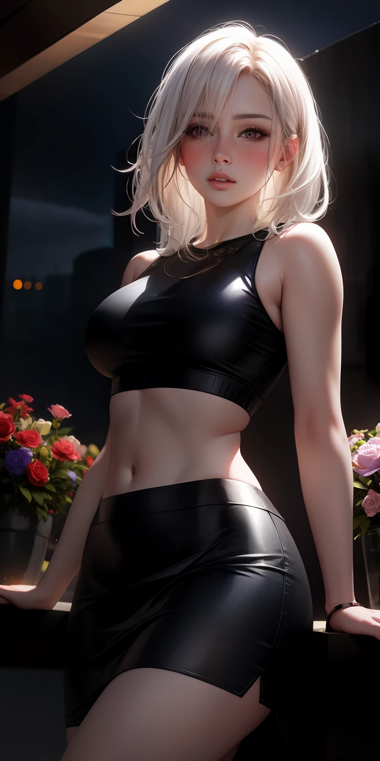 realistic, 1girl, white hair, purple eyes, glowing eyes, crop top, skirt, parted lips, blush, night, flowers, sun, sunlight,