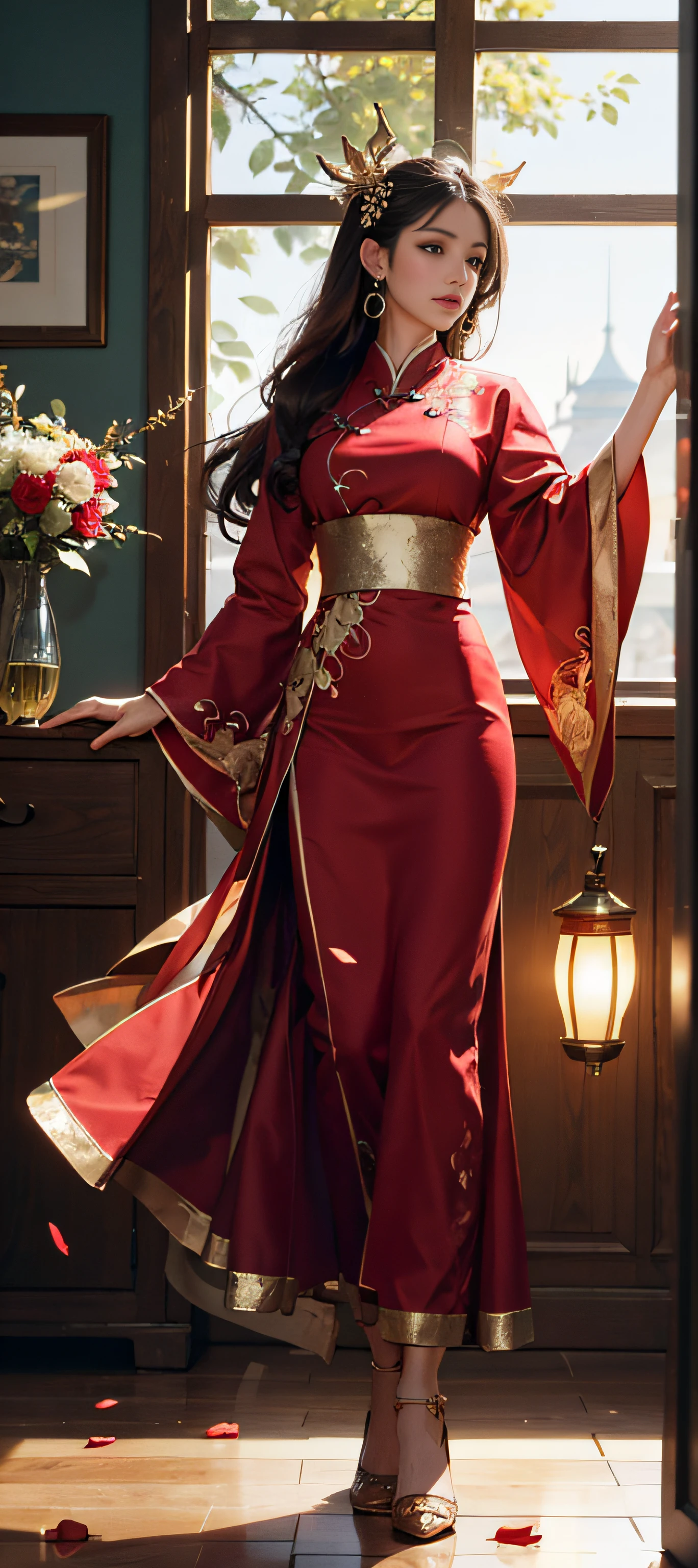 best quality, masterpiece, highres, (exquisite body:1.5),gorgeous face,(milky skin:1.3),intricate details,high resolution,wallpaper,
1girl, solo, dress, hair ornament, (((gold and red dress))), flowers, long hair, brown hair, closed mouth, jewelry, long sleeves, hand up, wide sleeves, big eyes,floating hair, chinese clothes, hanfu, embroidery, long skirt, natural pose, falling petals, indoor,fanning, lantern,
16K,HDR,highres,depth field,(film grain:1.1),boken,golden hour,(lens flare),vignette,rainbowing,(color grading:1.5)