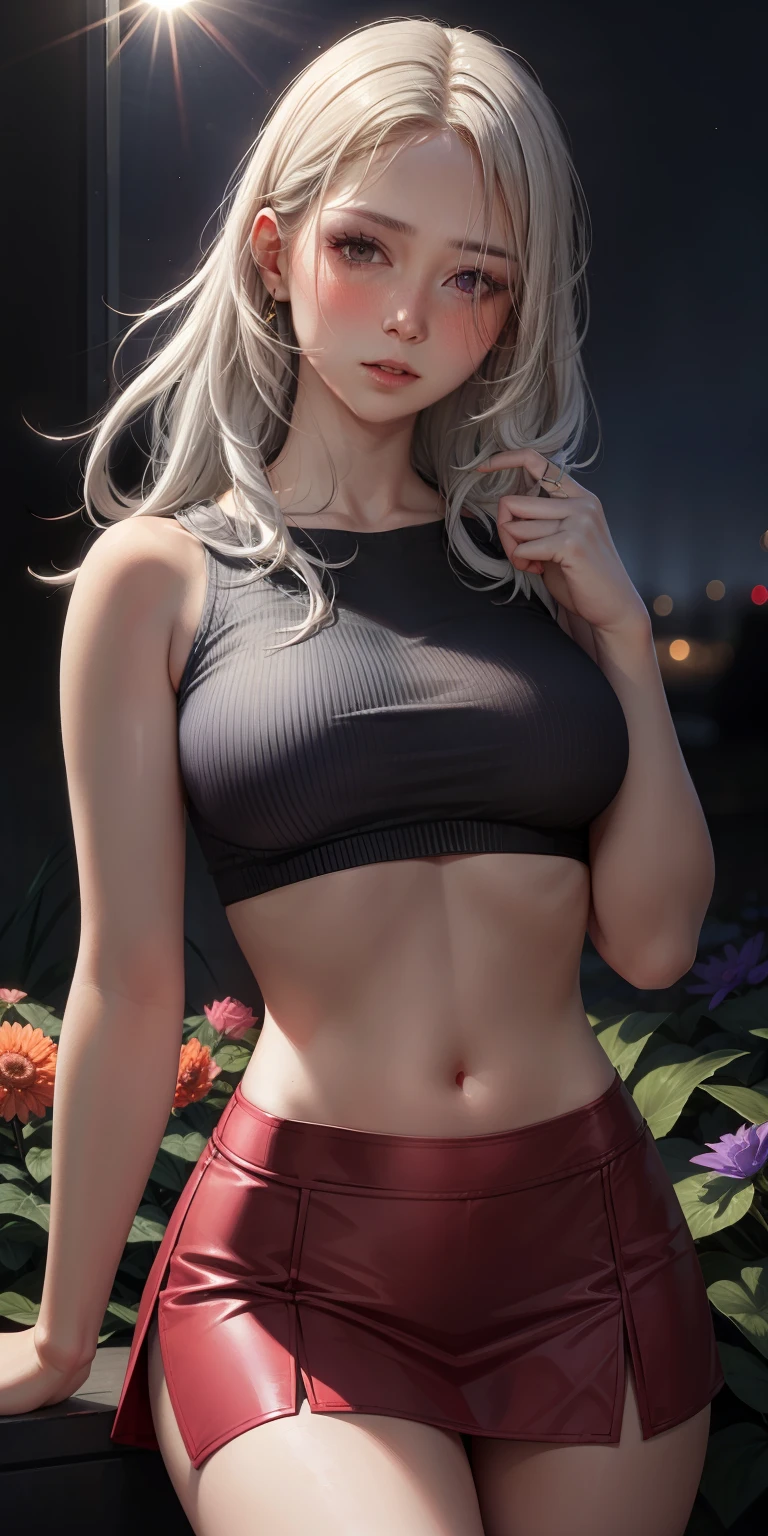 realistic, 1girl, white hair, purple eyes, glowing eyes, crop top, skirt, parted lips, blush, night, flowers, sun, sunlight,