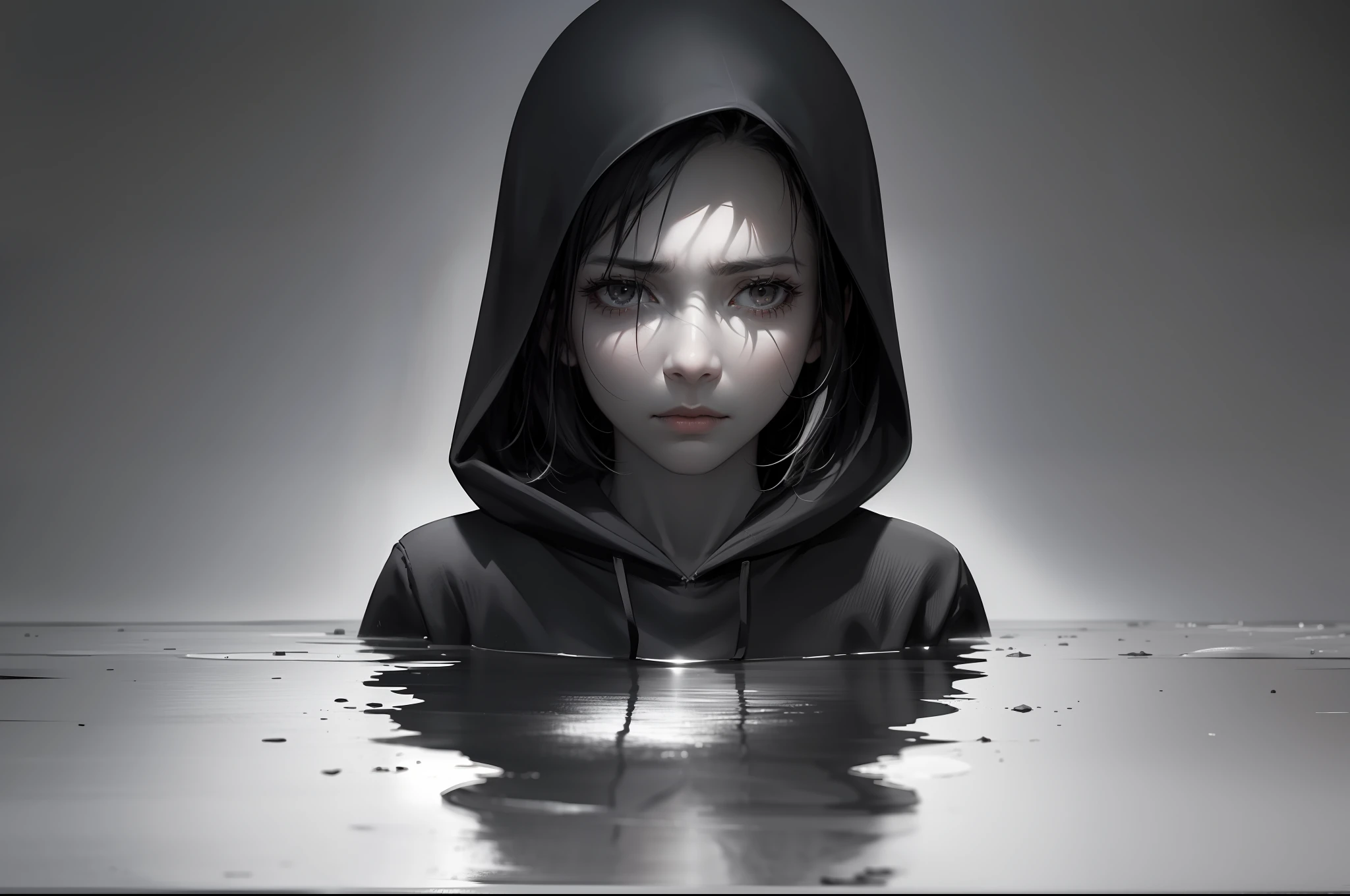 A half-body portrait of a girl wearing a hoodie, depicting a sense of solitude, darkness, and oppression. Her gaze is downward, reflecting a profound loneliness and inner turmoil. The surrounding environment is shrouded in darkness, with only faint hints of light highlighting the contours of her face. The hoodie casts a shadow over part of her features, accentuating the sense of being enclosed and weighed down. The overall mood is somber and introspective, capturing the depths of her emotions and the weight of her solitude. Executed in a style that utilizes muted tones and strong contrasts to convey the oppressive and melancholic ambiance.