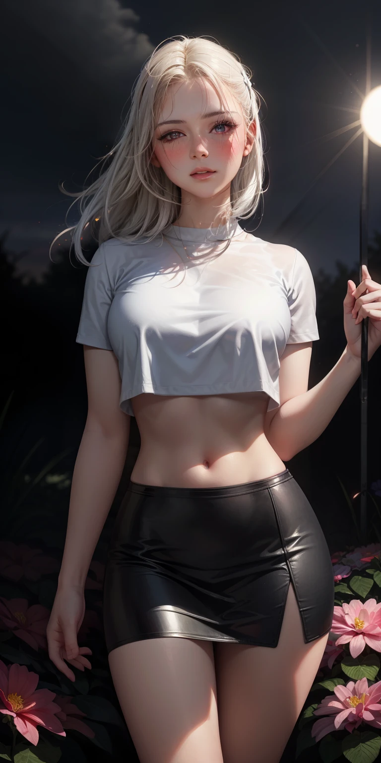 realistic, 1girl, white hair, purple eyes, glowing eyes, crop top, skirt, parted lips, blush, night, flowers, sun, sunlight,