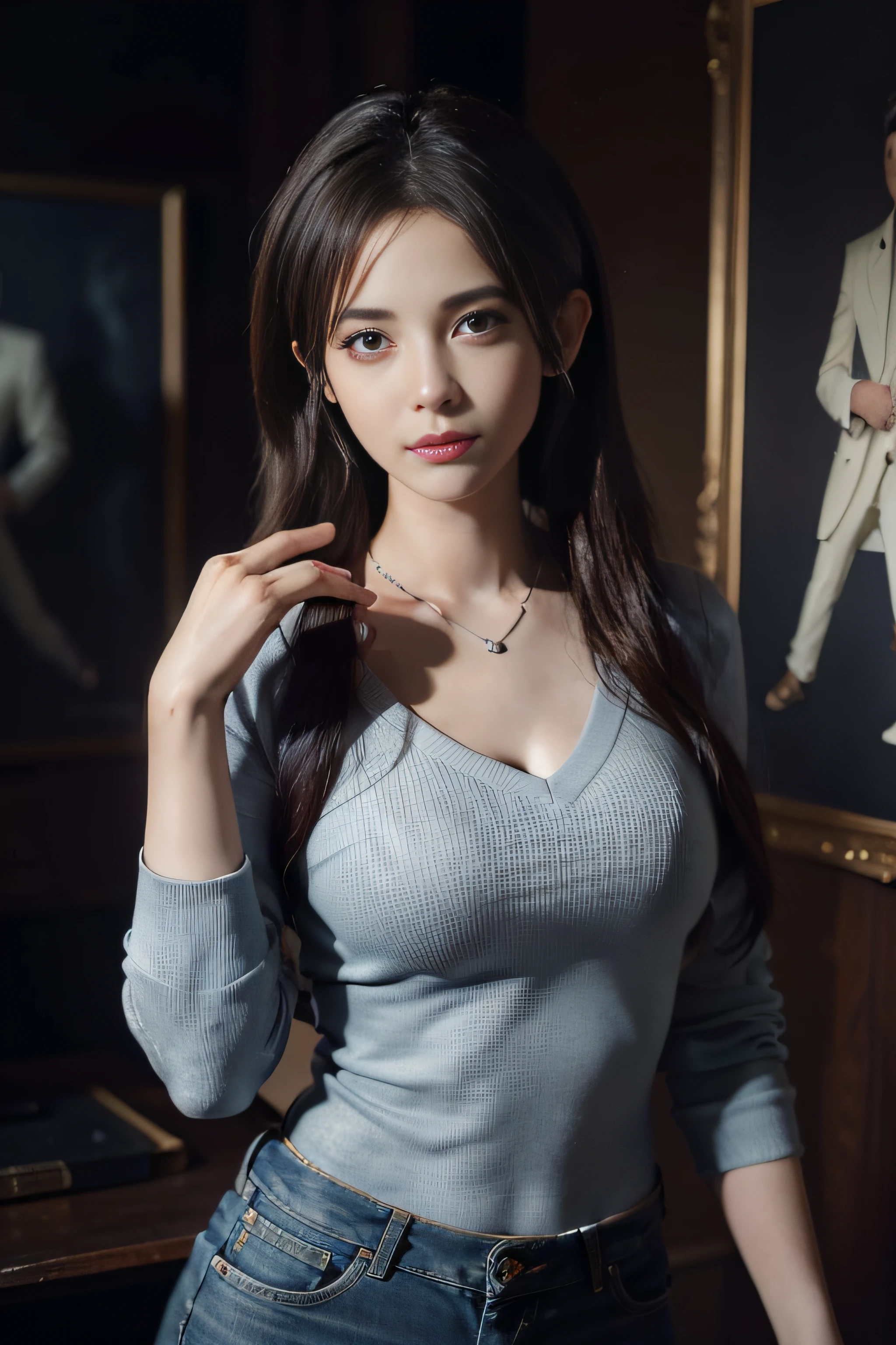 Surrealistic female portraits by David Hockney and Alphonse Mucha, fantasy art, photorealism, dynamic lighting, artstation, poster, volumetric lighting, very detailed faces, 4k, award-winning, 1girl, in the dark, deep shadows, understated, denim photos, (formal wear: 1.4), long hair, gray hair, ((best quality, 8k, masterpiece: 1.3)), 1girl, slender abs beauty: 1.3, (hairstyle casual, no leaky big breasts: 1.2), dress:1.1, Super fine face, fine eyes, double eyelids, smile, home