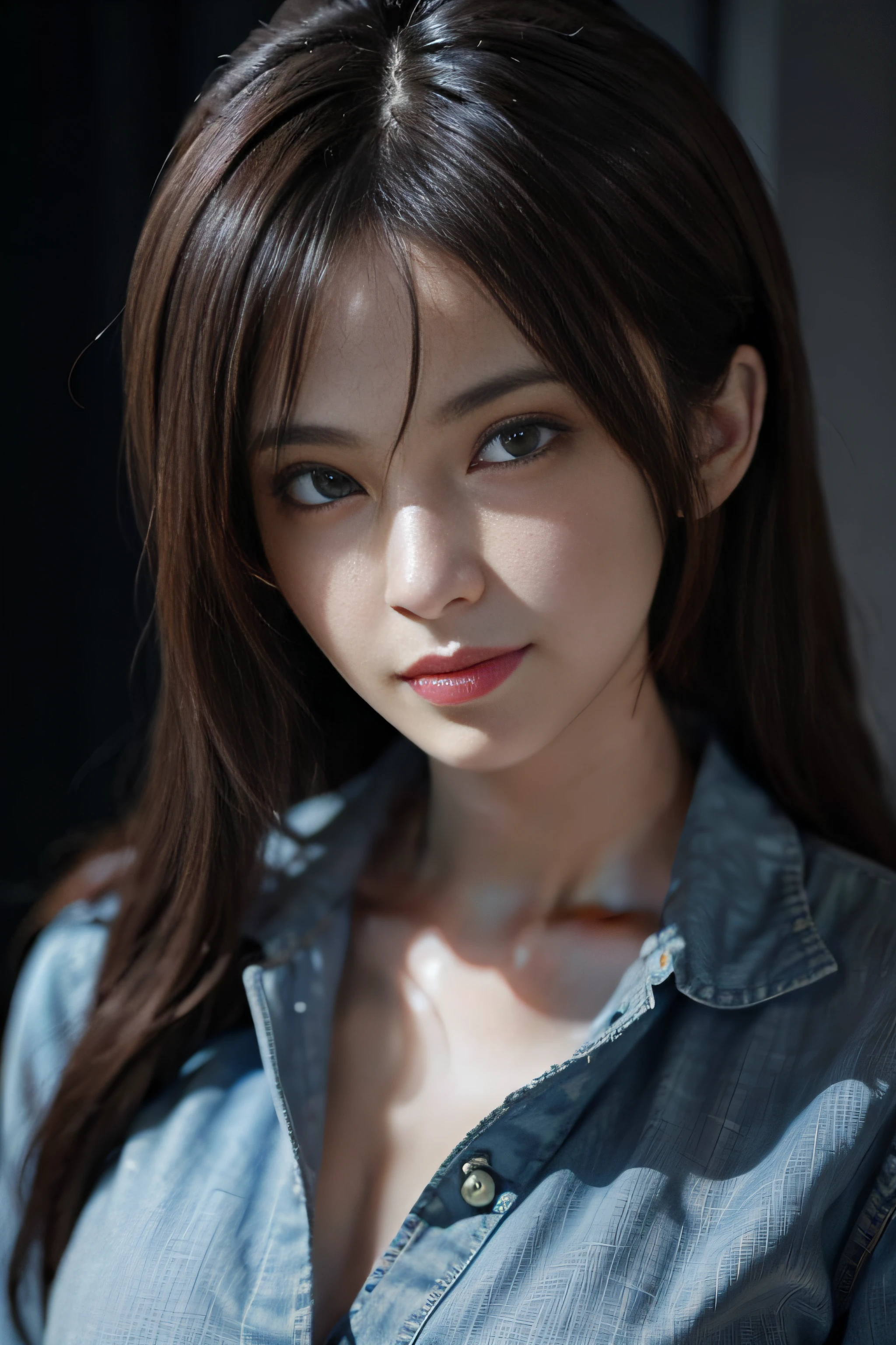Surrealistic female portraits by David Hockney and Alphonse Mucha, fantasy art, photorealism, dynamic lighting, artstation, poster, volumetric lighting, very detailed faces, 4k, award-winning, 1girl, in the dark, deep shadows, understated, denim photos, (formal wear: 1.4), long hair, gray hair, ((best quality, 8k, masterpiece: 1.3)), 1girl, slender abs beauty: 1.3, (hairstyle casual, no leaky big breasts: 1.2), dress:1.1, Super fine face, fine eyes, double eyelids, smile, home