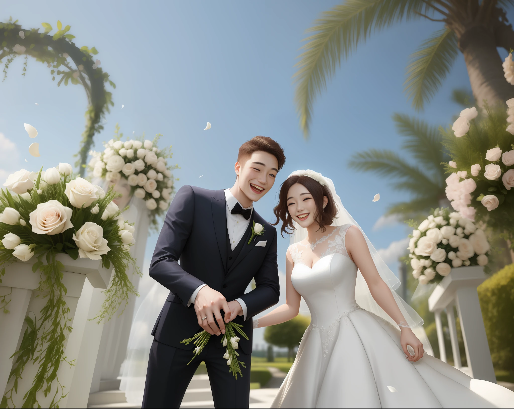 Sunny man, 24-year-old woman, married, happy together, celebrating each other, smiling, surrounded by flowers, white wedding dress, suit