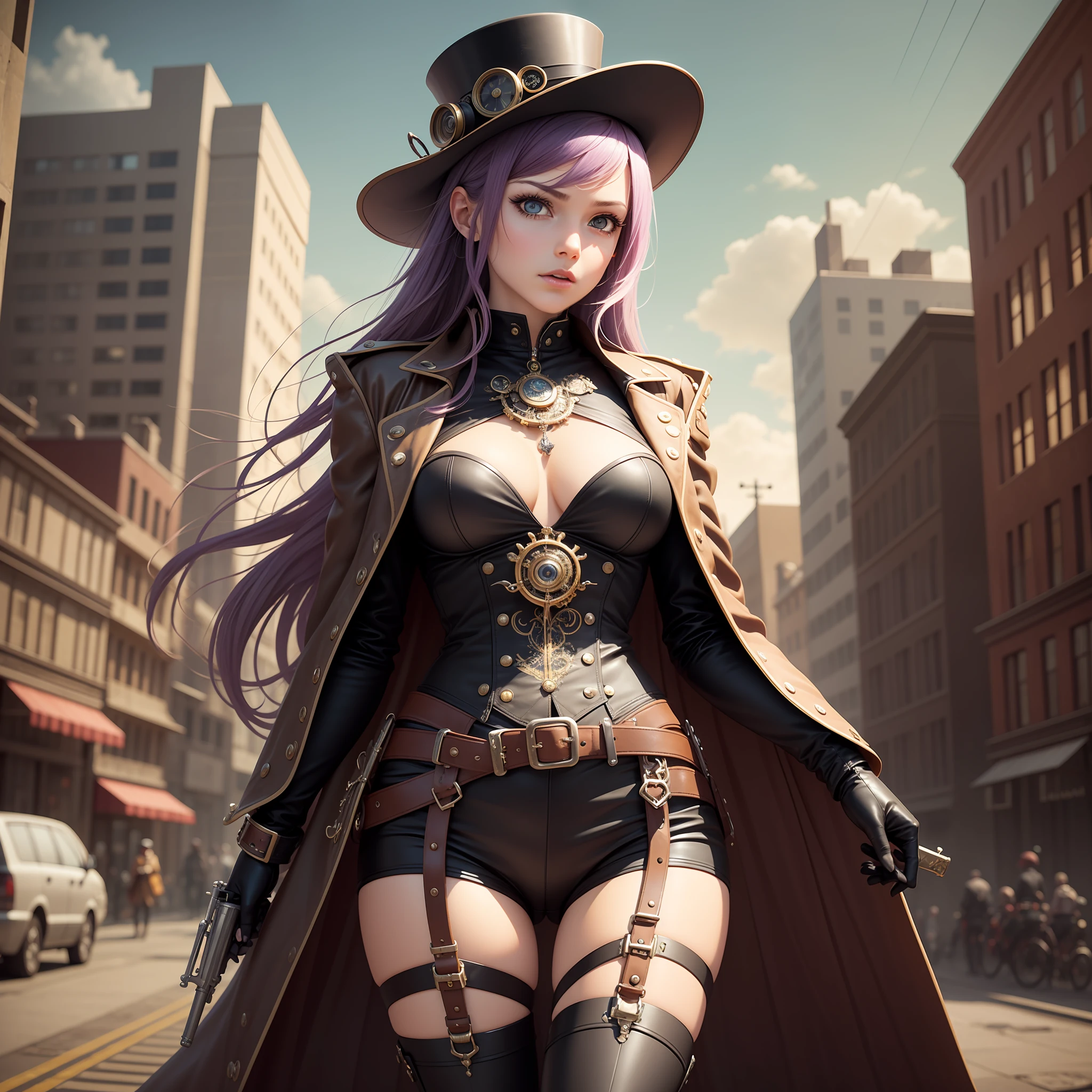 (intricate details), 30 years old, very long hair, purple hair, straight hair, perfect face, sharp eyes, gray eyes, slender face, makeup: 1.5, face detailed, 4K, realistic, charismatic, very detailed, steampunk, there are girls all over the city, steampunk world industrial background city theme, slender figure, boyish figure, small pretty , tattoo, Top hat, black leather tailored jacket, white blouse, brown leather bustier, black leather gloves, black leather short pants, full body, wearing long black leather boots, wearing a black cape, holding a flintlock pistol in right hand, scary face, um home d'tetive, conceptual art, realism, godley, film lighting, multiview, canon, UHD, high-detail, high-quality, HD, 16k