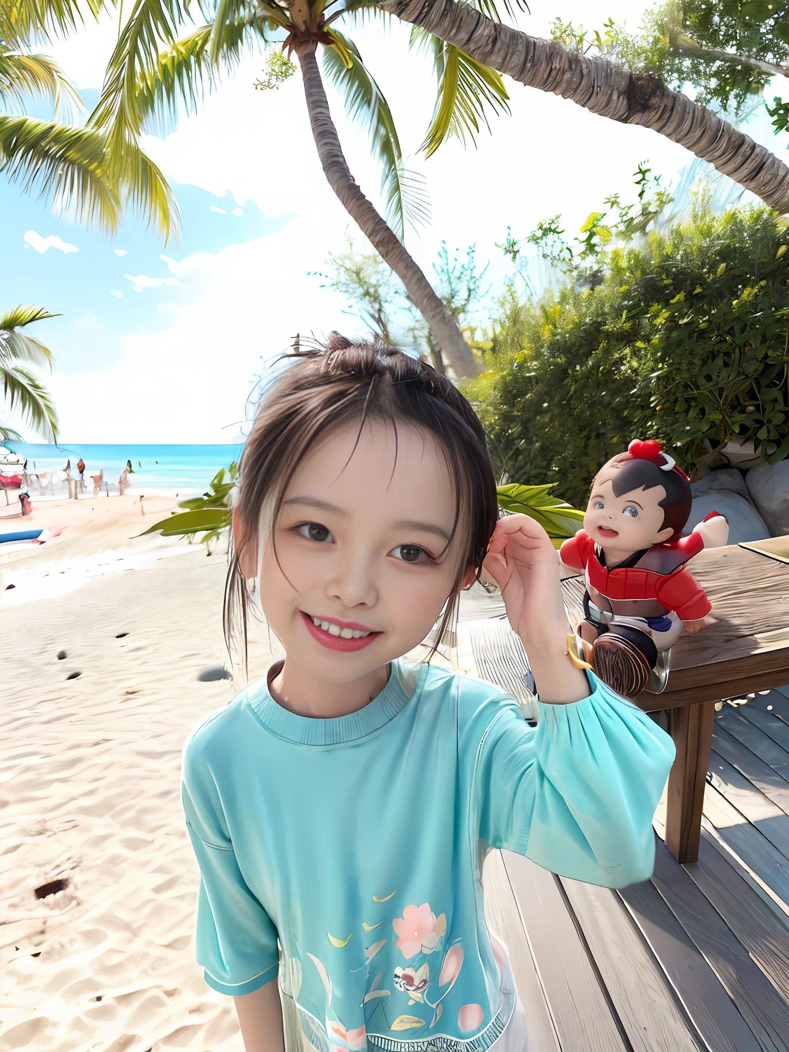 There is a man and a child posing for a photo, there is a child, with Ivy, Nguyen Jia and Brom, vacation photos, loving father with wide forehead, on a tropical beach, 3 years old, 30 years old, Stanley Art Jewel Liu, shooting GO Pro Hero 8, 30 years old man