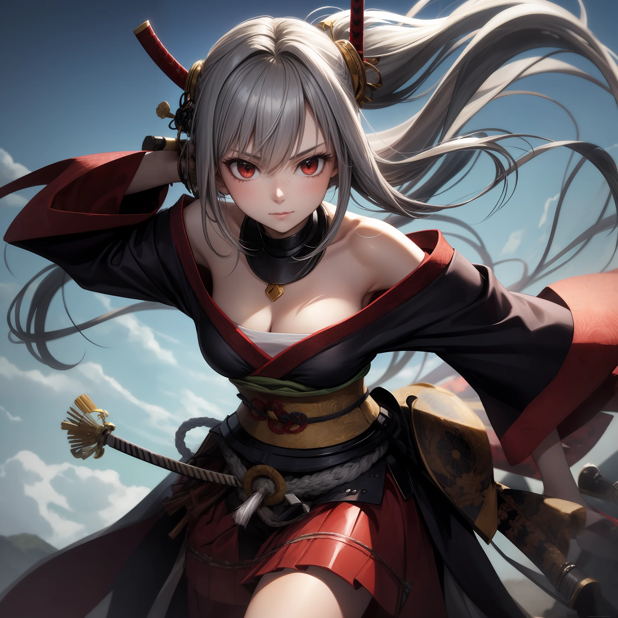 anime, girl, red-eyed gray-haired girl, samurai, off-shoulder