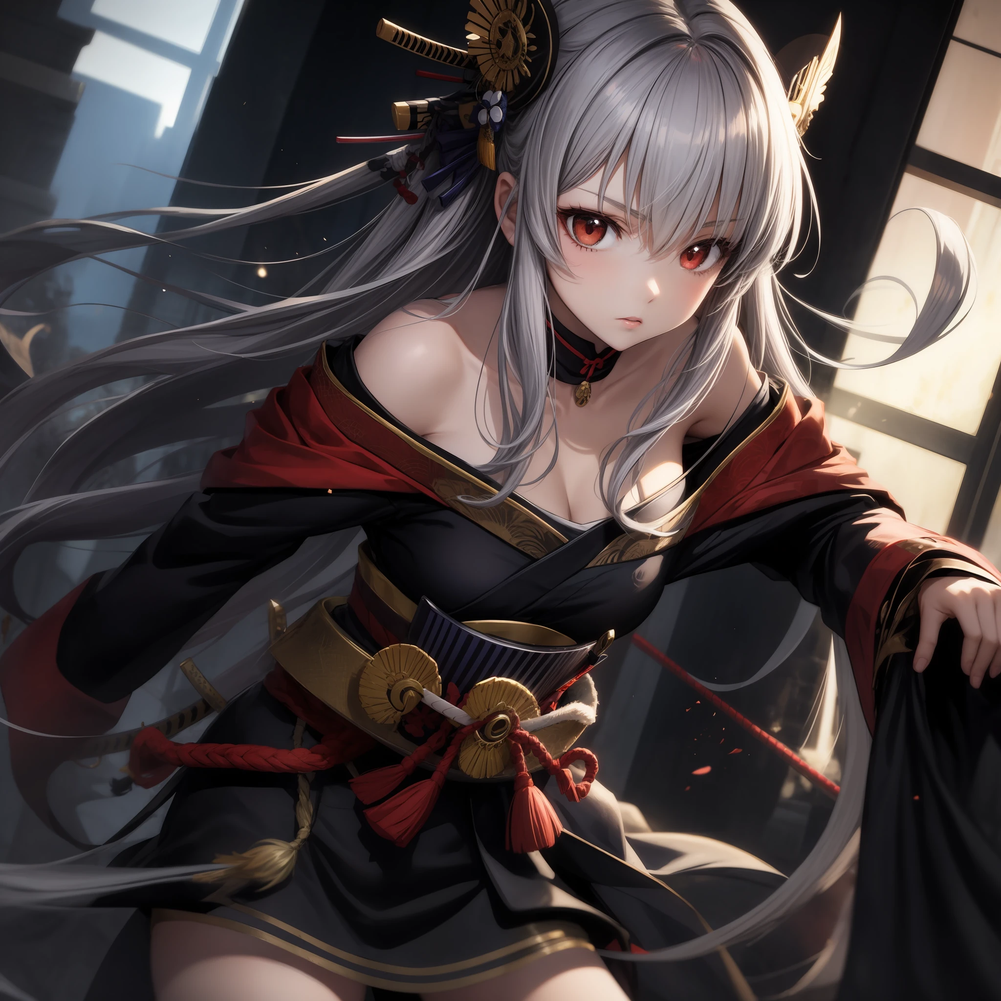 anime, girl, red-eyed gray-haired girl, samurai, off-shoulder