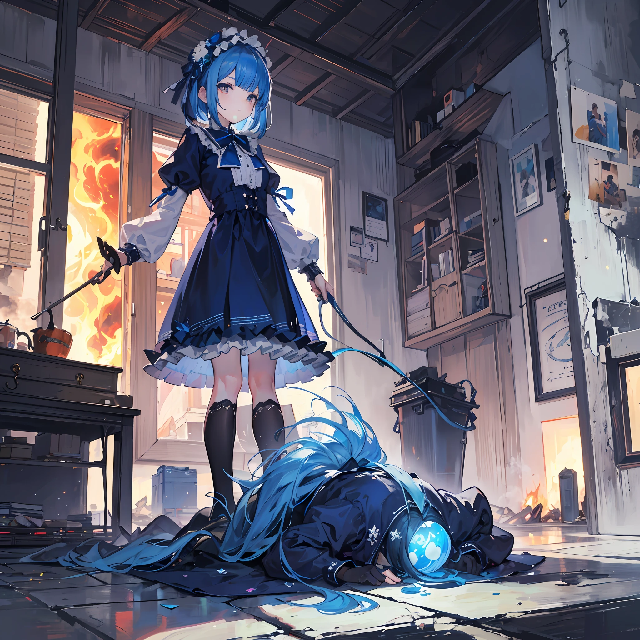 Masterpiece, best quality, (very detailed CG Unity 8k wallpaper) (best quality), (best illustration), (best shadow) (full body picture), blue hair little , gorgeous navy blue loliress, blue ponet with blue chrysanthemum headdress, blue silk thread surrounding, war in flames, broken buildings, monsters in the distance