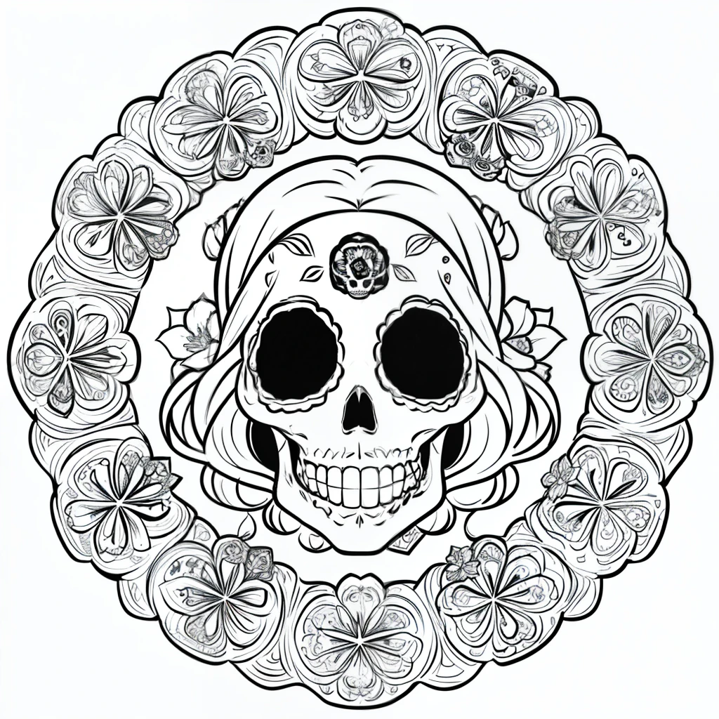 Masterpiece, best quality, (detailed background), high contrast, decorated sugar skull, flower background, thick and clean line drawings, vector