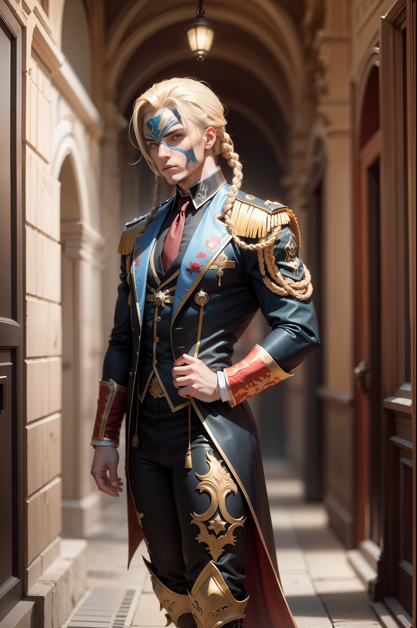 Male bullfighter (Vega character from Street Figther) blond with braids, in black gala costumes, , theater mask, in a setting with theater.