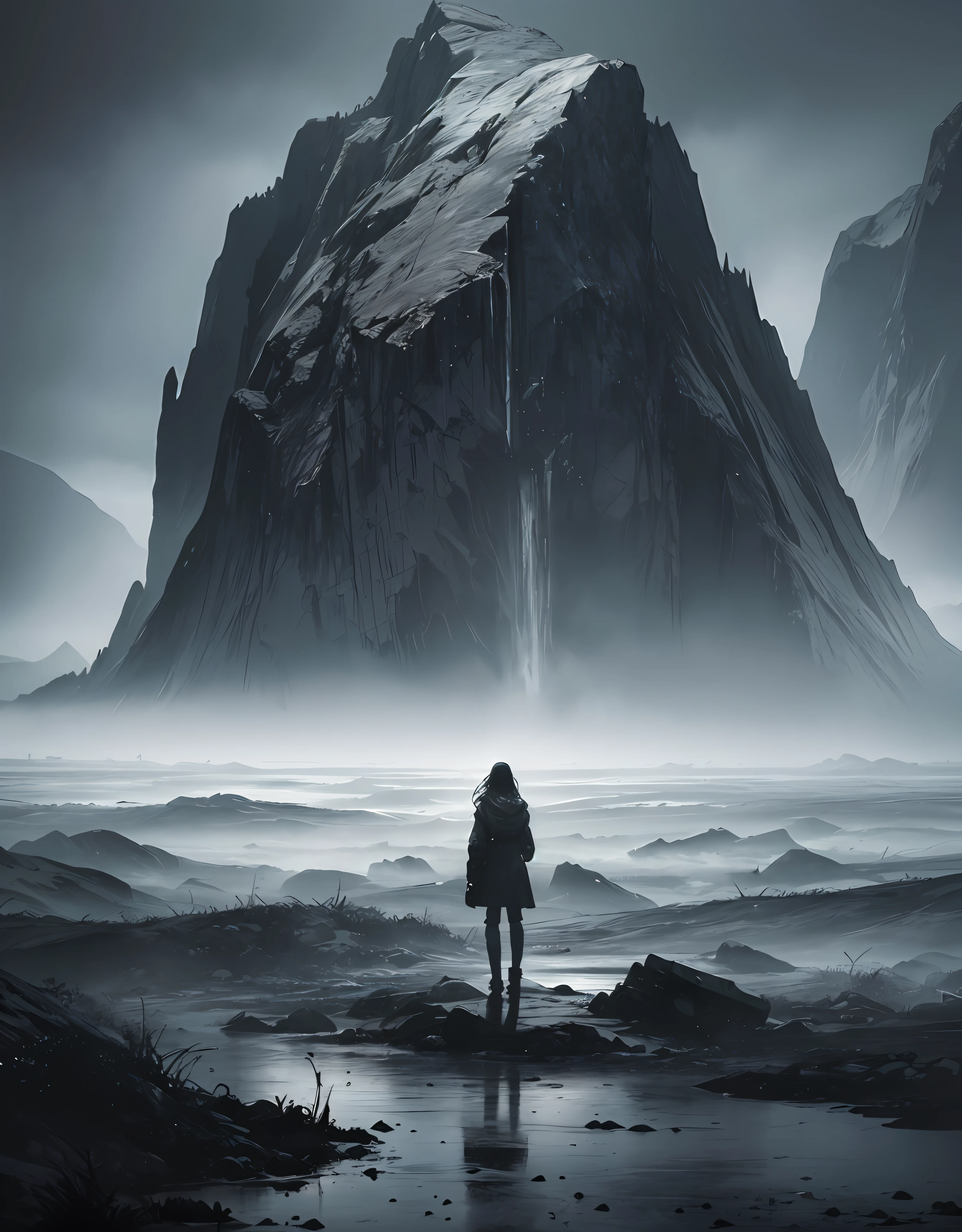 16K, HDR, RTX, ray tracing, anisotropic filtering, subsurface scattering, albedo, best quality, masterpiece, realistic, highly detailed, dark vast open landscape, 1girl , solo, ((closeup)), beautiful, jacket, long hair, post apocalyptic world, grey clouds, no grass, hideo kojima style, gloomy atmosphere, windy, foggy, mysterious, main palette is grey, tense, serious, dangerous, horizon, mountains, rain, wet