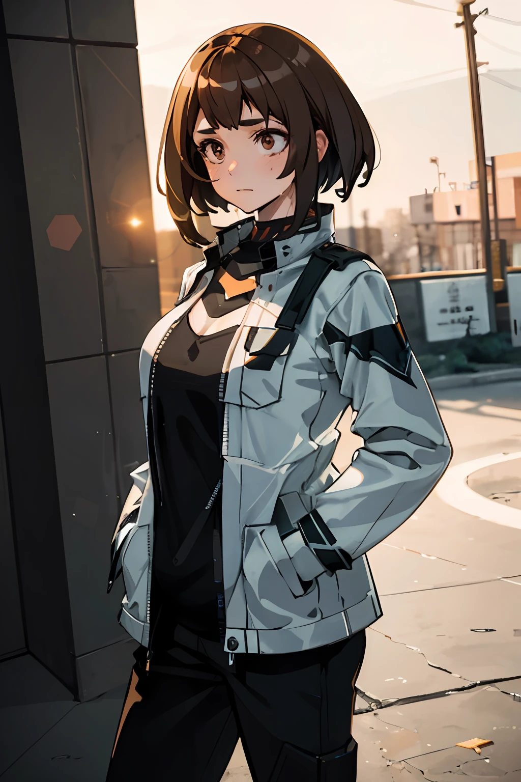 masterpiece, best quality, high contrast, professional photography, soft light, sharp focus, 1girl, hmochako, blush stickers, short hair, medium.hands in her pocket, (hands in pocket: 1.4), (Shibuya: 1.4), (night lights: 1.4), (thick body: 1.4), (short brown hair: 1.4), brown eyes, HDR (high dynamic range), ray tracing, NVIDIA RTX, super-resolution, Unreal 5, underground streaming,  PBR texturing post-processing, anisotropic filtering, depth of field, maximum clarity and sharpness, Multilayer textures, albedo and specular maps, surface shading, accurate light-material interaction simulation, octane rendering, two-color lighting, low ISO, white balance, rule of thirds, large aperture, 8K RAW, effective subpixel subpixel, subpixel convolution (luminescent particles: 1.4), {{masterpiece, better quality, highly detailed CG,  Unity 8k wallpaper, 3D, cinematic lighting, lens flare}}, beautiful brown eyes, cleavage, big breasts, sweating, blushing, heavy breathing,