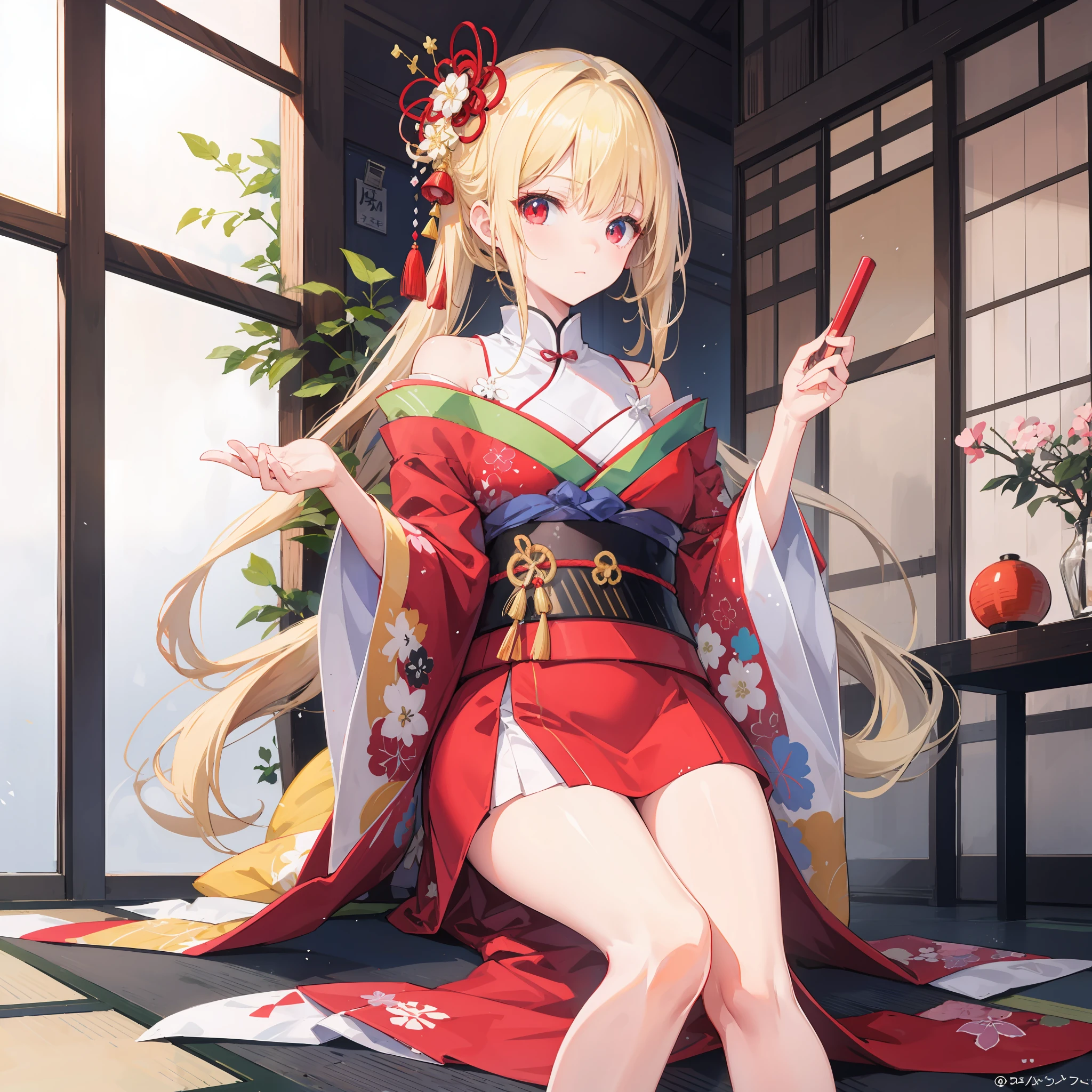 anime, blonde and red-eyed girl, beauty, kimono, off-shoulder, kyoto, solo, one, one person