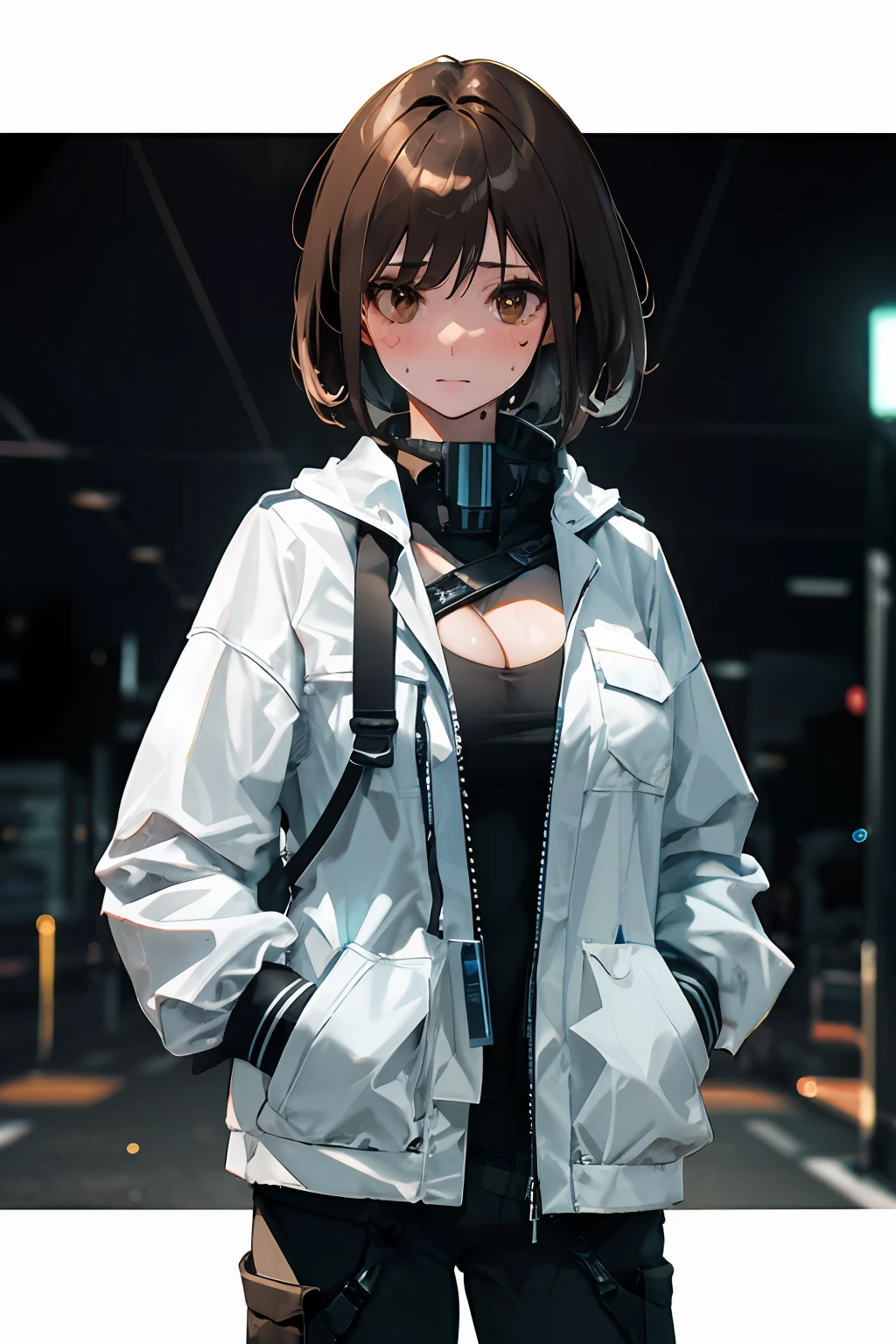 masterpiece, best quality, high contrast, professional photography, soft light, sharp focus, 1girl, hmochako, blush stickers, short hair, medium.hands in her pocket, (hands in pocket: 1.4), (Shibuya: 1.4), (night lights: 1.4), (thick body: 1.4), (short brown hair: 1.4), brown eyes, HDR (high dynamic range), ray tracing, NVIDIA RTX, super-resolution, Unreal 5, underground streaming,  PBR texturing post-processing, anisotropic filtering, depth of field, maximum clarity and sharpness, Multilayer textures, albedo and specular maps, surface shading, accurate light-material interaction simulation, octane rendering, two-color lighting, low ISO, white balance, rule of thirds, large aperture, 8K RAW, effective subpixel subpixel, subpixel convolution (luminescent particles: 1.4), {{masterpiece, better quality, highly detailed CG,  Unity 8k wallpaper, 3D, cinematic lighting, lens flare}}, beautiful brown eyes, cleavage, big breasts, sweating, blushing, heavy breathing,