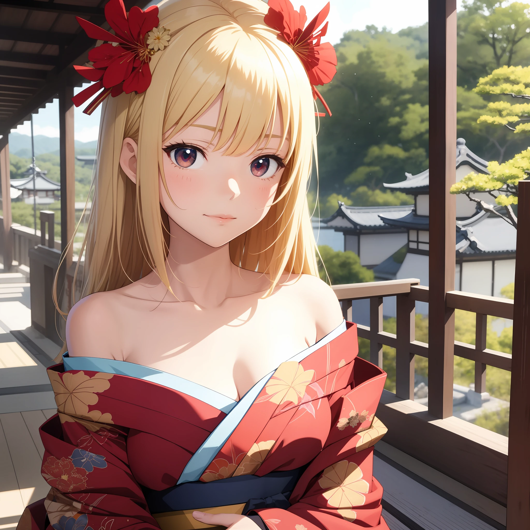 anime, blonde and red-eyed girl, beauty, kimono, off-shoulder, kyoto, solo, one, one person