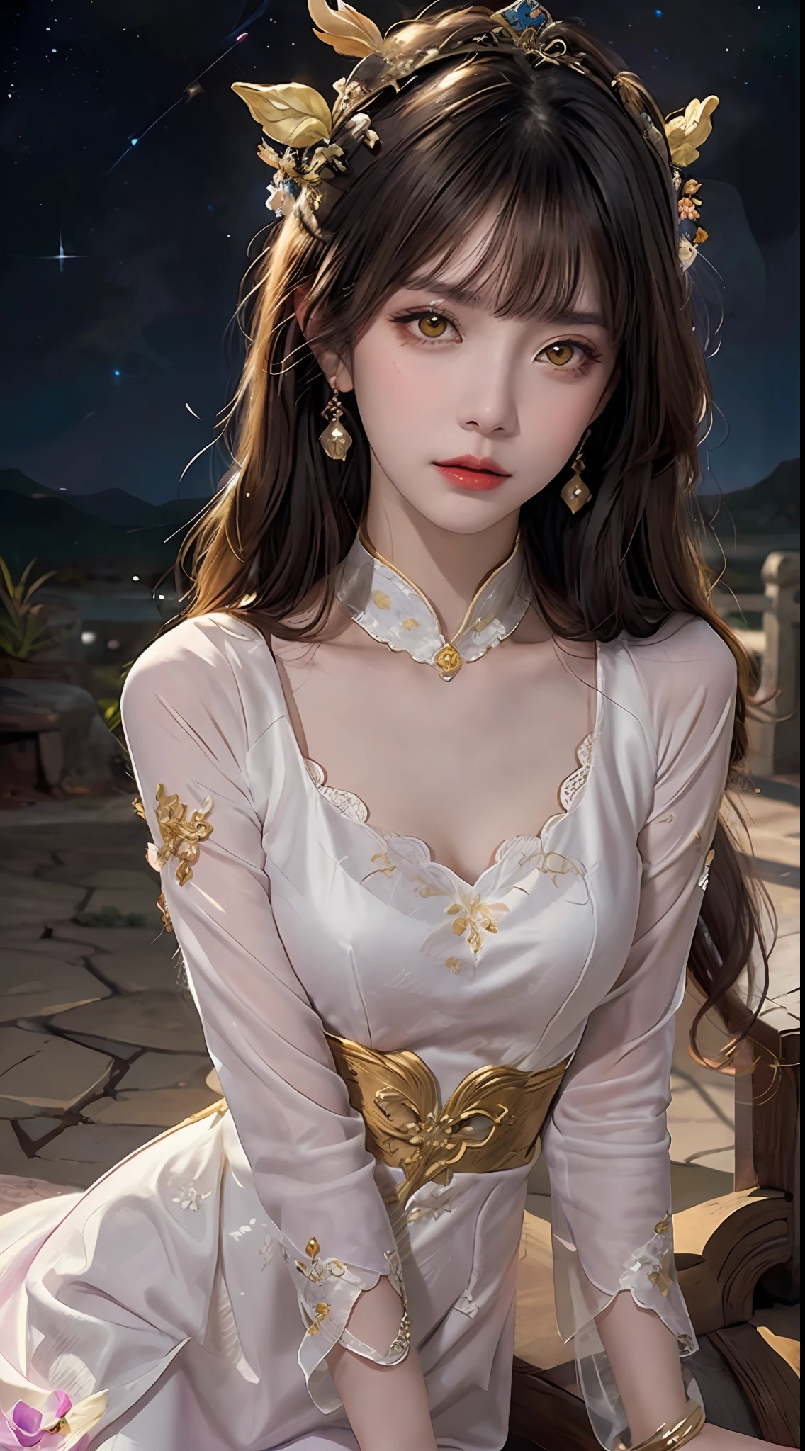 1 27-year-old girl, 1 zodiac goddess from the future, goddess of the pink and purple 12 zodiacs, the goddess of the zodiac in a yellow ao dai, a 12 zodiac ao dai with many black lace detail, mythology Goddess of the 12 zodiacs from the future, zodiac ♏, luxurious glittering zodiac style, dark and mysterious version, zodiac crown, lipstick lips red, thin and beautiful lips, mouth closed, characters made by karol bak and pino daeni, intricate detail, detailed background, extremely detailed, light magic, a woman, clear face, hair long with bangs, beautiful face in detail and well-proportioned eyes, (transparent yellow eyes: 1.8), big round eyes and very beautiful and detailed makeup, foresight, silk dress, mysterious makeup , double bangs and dyed light blonde , upper half portrait, zodiac goddess portrait, arms hanging loosely, Realistic and vivid photo, (stars make up the zodiac: 1.7), (sky background zodiac and fictitious space and time portal: 1.8), fiction art, RAW photo, hanfu picture, best photo, best photo quality, 8k quality, 8k ultra, super realistic, real photo most economical, the goddess poses sexy and seductive,