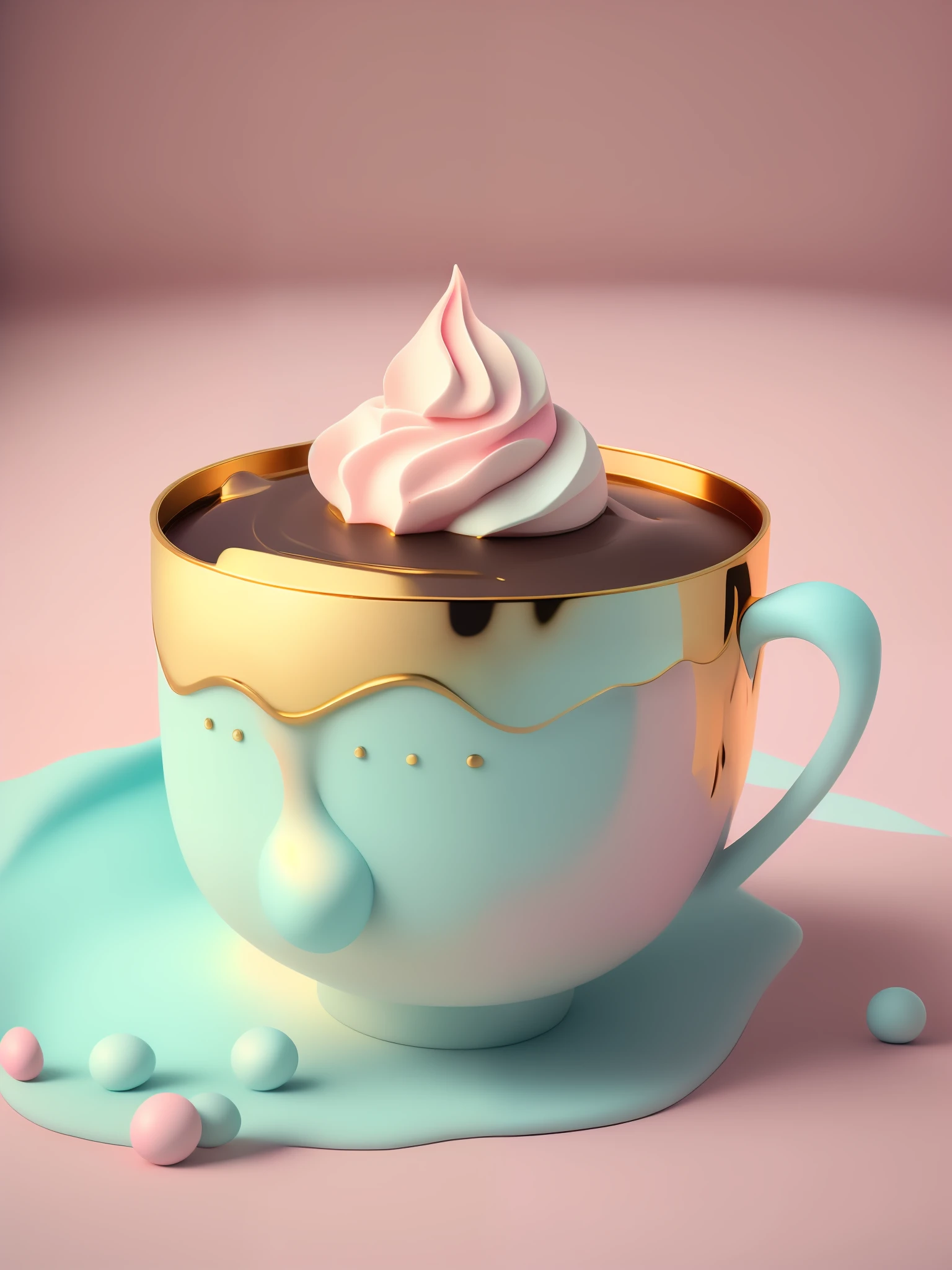 Art toy of a cup of coffee, whipped cream, ultra light touch of gold, gradient from light blue to light pink background, melted, cute, natural lighting, studio lighting, ultra detailed, ultra realistic, octane render, unreal engine, 3D render, render 3d blender, trend in polycounting, physically based rendering, Eastman Kodak Color Negative film Portra 400 shot in Rolleiflex T,   Rolleinar 1, ISO 400, F/22, 8K, HD, 3D