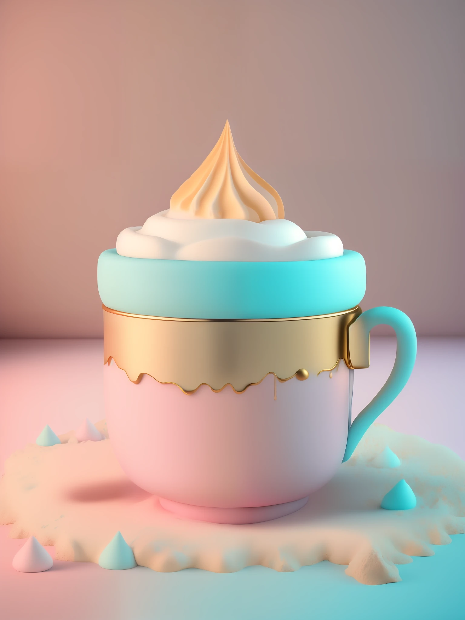 Art toy of a cup of coffee, whipped cream, ultra light touch of gold, gradient from light blue to light pink background, melted, cute, natural lighting, studio lighting, ultra detailed, ultra realistic, octane render, unreal engine, 3D render, render 3d blender, trend in polycounting, physically based rendering, Eastman Kodak Color Negative film Portra 400 shot in Rolleiflex T,   Rolleinar 1, ISO 400, F/22, 8K, HD, 3D