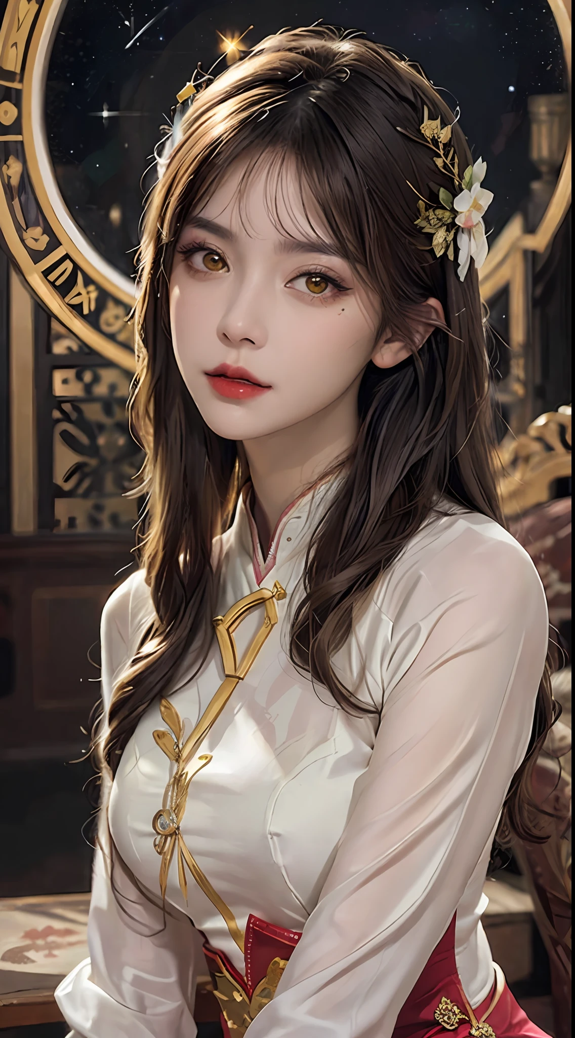 1 27-year-old girl, 1 zodiac goddess from the future, goddess of the pink and purple 12 zodiacs, the goddess of the zodiac in a yellow ao dai, a 12 zodiac ao dai with many black lace detail, mythology Goddess of the 12 zodiacs from the future, zodiac ♏, luxurious glittering zodiac style, dark and mysterious version, zodiac crown, lipstick lips red, thin and beautiful lips, mouth closed, characters made by karol bak and pino daeni, intricate detail, detailed background, extremely detailed, light magic, a woman, clear face, hair long with bangs, beautiful face in detail and well-proportioned eyes, (transparent yellow eyes: 1.8), big round eyes and very beautiful and detailed makeup, foresight, silk dress, mysterious makeup , double bangs and dyed light blonde , upper half portrait, zodiac goddess portrait, arms hanging loosely, Realistic and vivid photo, (stars make up the zodiac: 1.7), (sky background zodiac and fictitious space and time portal: 1.8), fiction art, RAW photo, hanfu picture, best photo, best photo quality, 8k quality, 8k ultra, super realistic, real photo most economical, the goddess poses sexy and seductive,