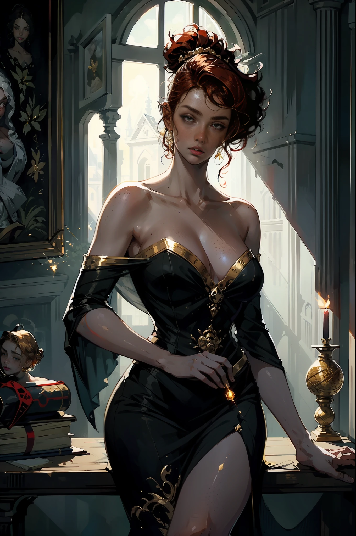 (masterpiece, best_quality, ultra-detailed, immaculate:1.3), epic, illustration, welcoming, ((1girl)), witch, dark red hair, Tapered Cut, casting spell, in an overgrown classroom, in a  castle, bombshell hair, swept bangs, High Ponytail, goddess, gold, freckles, pale skin, casting a spell from her chest