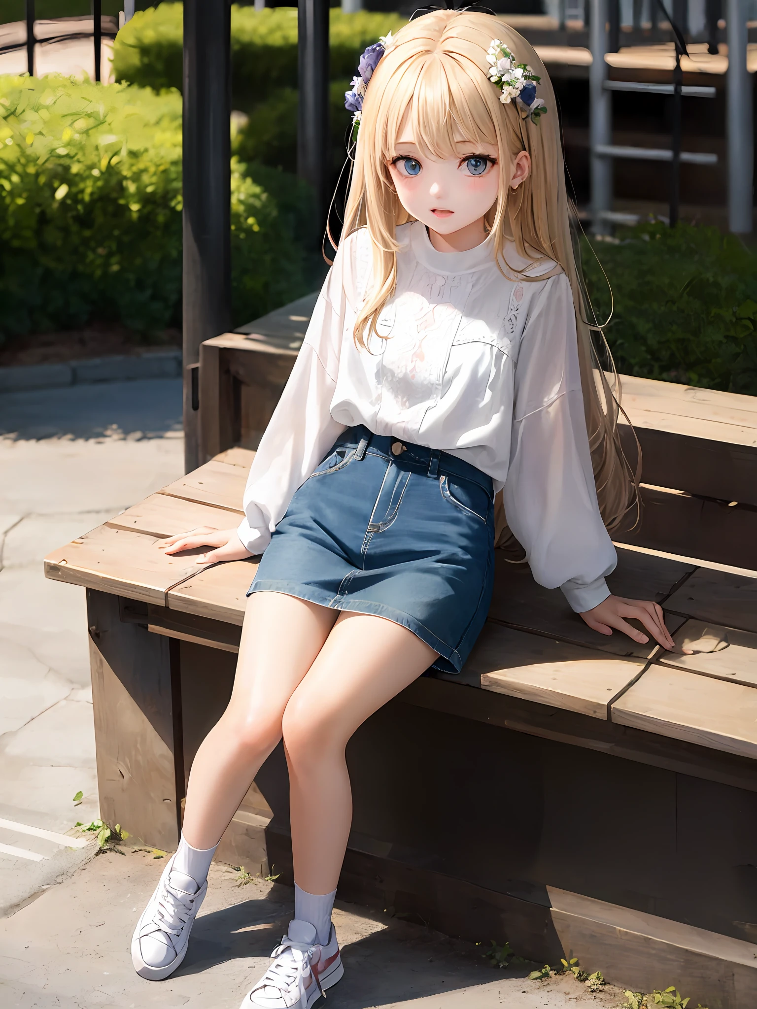 1girl, (masterpiece:1.1), (best quality:1.1), (white blouse:1.1), BREAK [blue:pink:0.5] theme, cowboy shot, full body, sideways view, looking at the audience, break flaxen hair, long hair, delicate facial features, blue eyes, flowers on the head, white top, denim miniskirt, white sneakers, sitting position, playground, selling cute