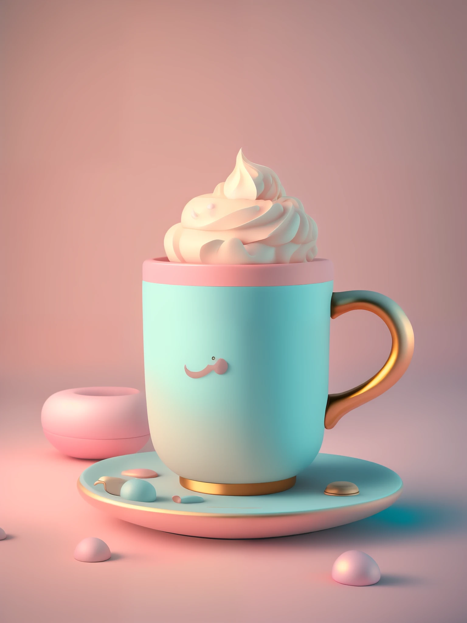 Art toy of a cup of coffee, whipped cream, ultra light touch of gold, gradient from light blue to light pink background, melted, cute, natural lighting, studio lighting, ultra detailed, ultra realistic, octane render, unreal engine, 3D render, render 3d blender, trend in polycounting, physically based rendering, Eastman Kodak Color Negative film Portra 400 shot in Rolleiflex T, Rolleinar 1, ISO 400, F/22, 8K, HD, 3D