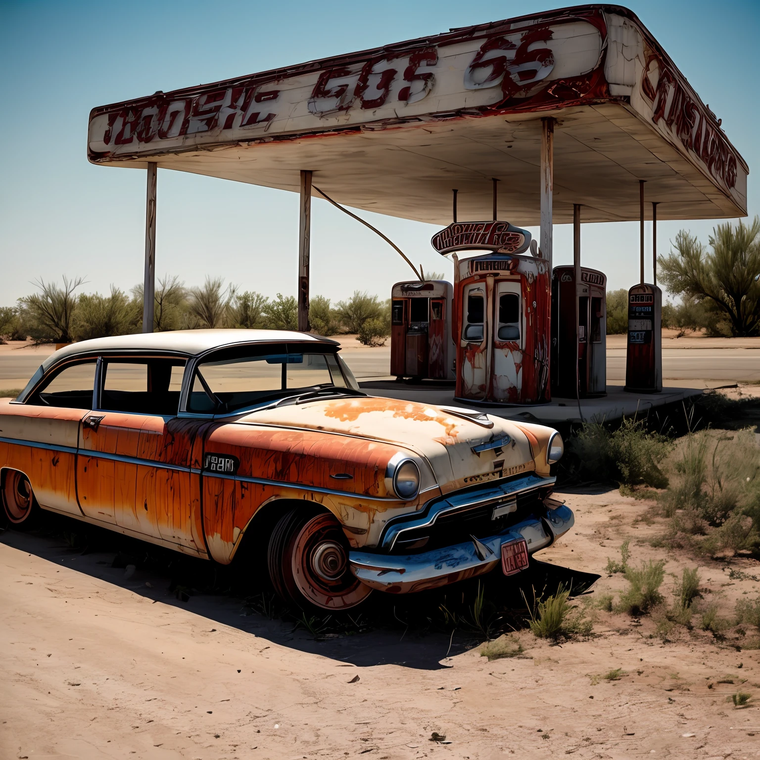 old abandoned gas station, route 66, old broken cars, sunset, bloom, kodachrome colors, sharp focus,
