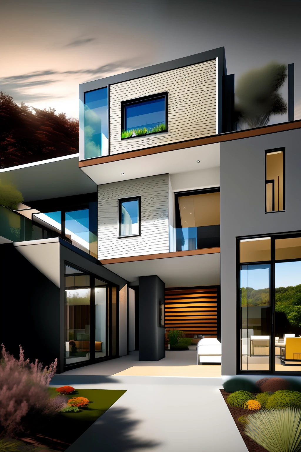 arafed view of a modern house with a large patio and a patio area, high quality rendering, high-quality render, award-winning render, modern setting, precise architectural rendering, highly detailed render, ultra modern, render to resolute perfection, contemporary house, modern house, professional render, sunset view, modern house in the wood, award winning render